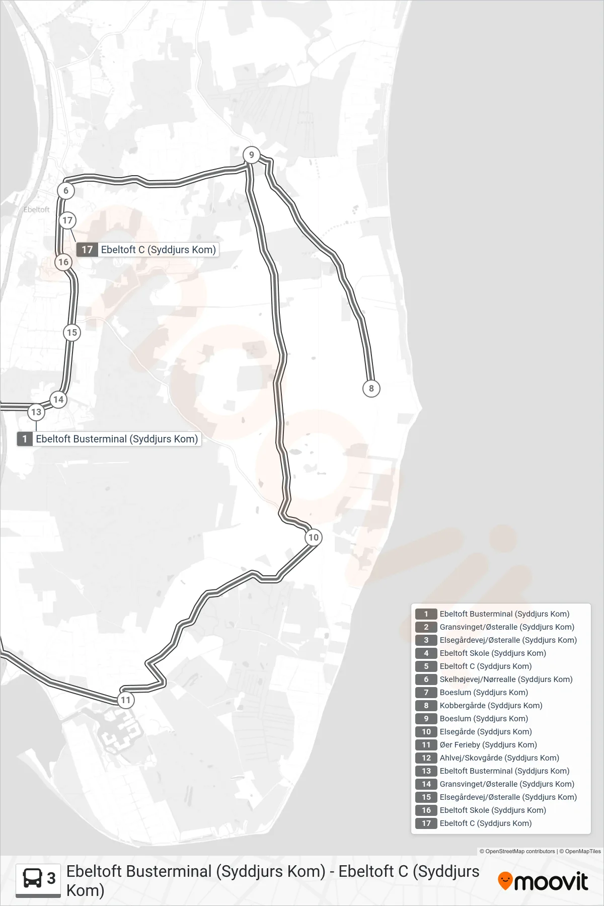 3 bus Linje (Ebeltoft C (Syddjurs Kom)) rute og stop på et kort