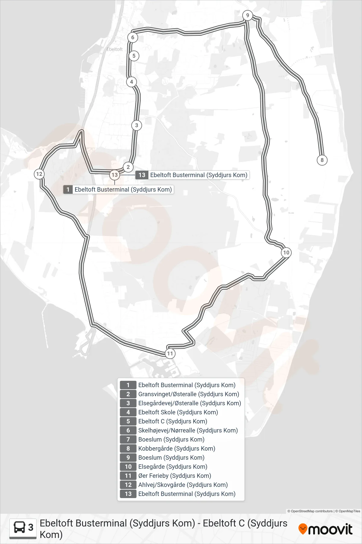 3 bus Linje (Ebeltoft Busterminal (Syddjurs Kom)) rute og stop på et kort