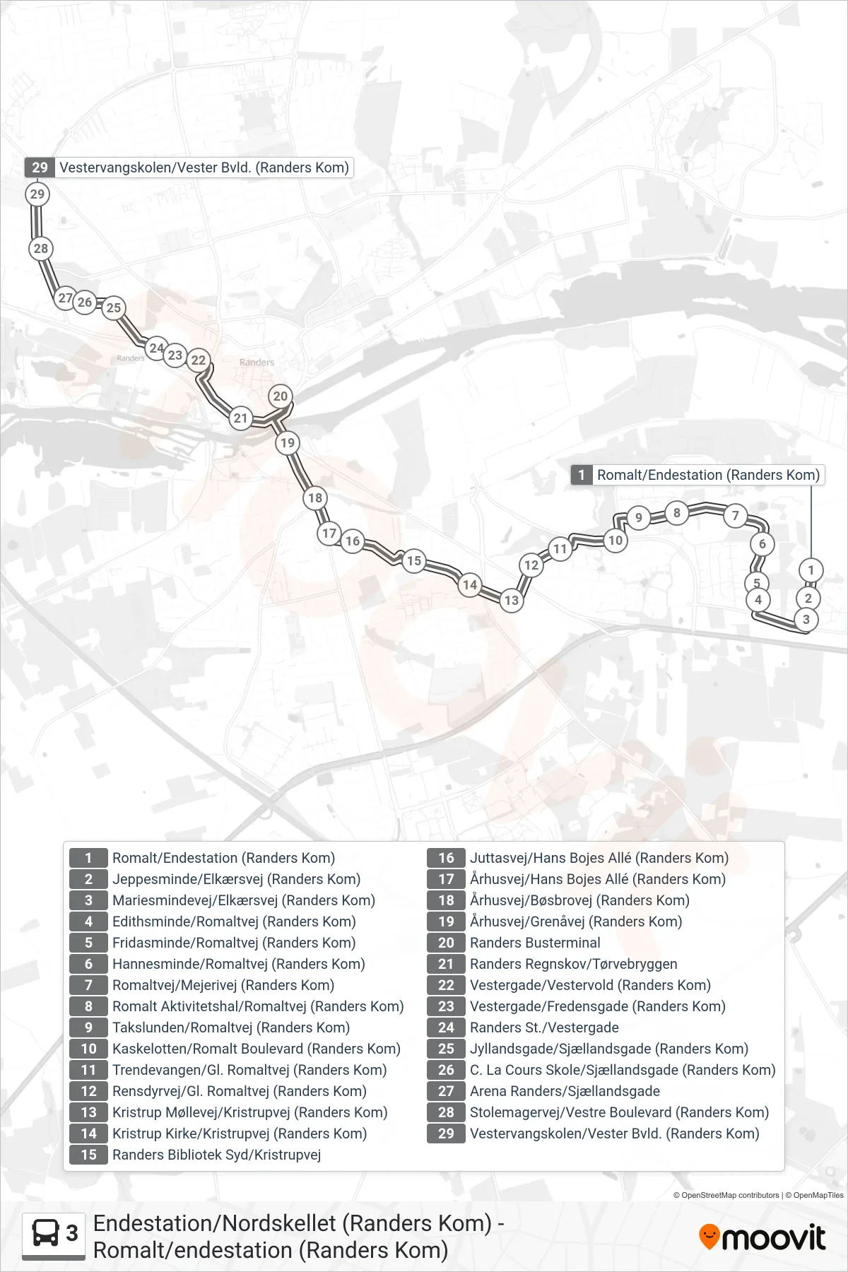 3 bus Linje (Vestervangskolen) rute og stop på et kort