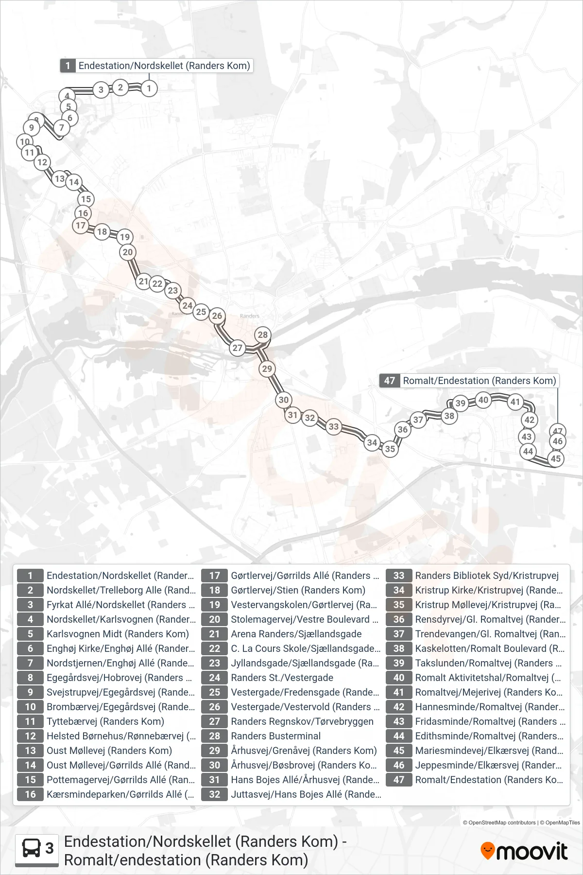 3 bus Line (Romalt/Endestation (Randers Kom)) route and stops on a map