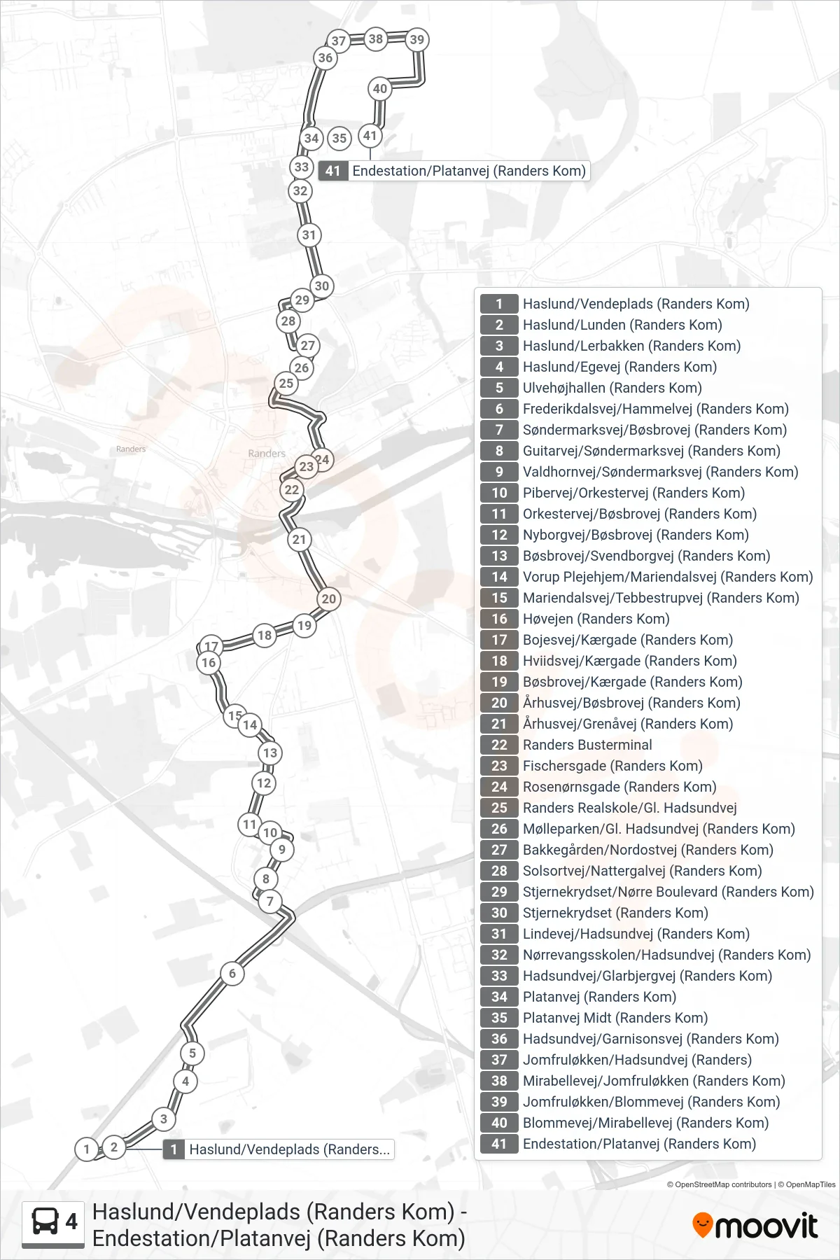 4 bus Linje (Endestation/Platanvej (Randers Kom)) rute og stop på et kort