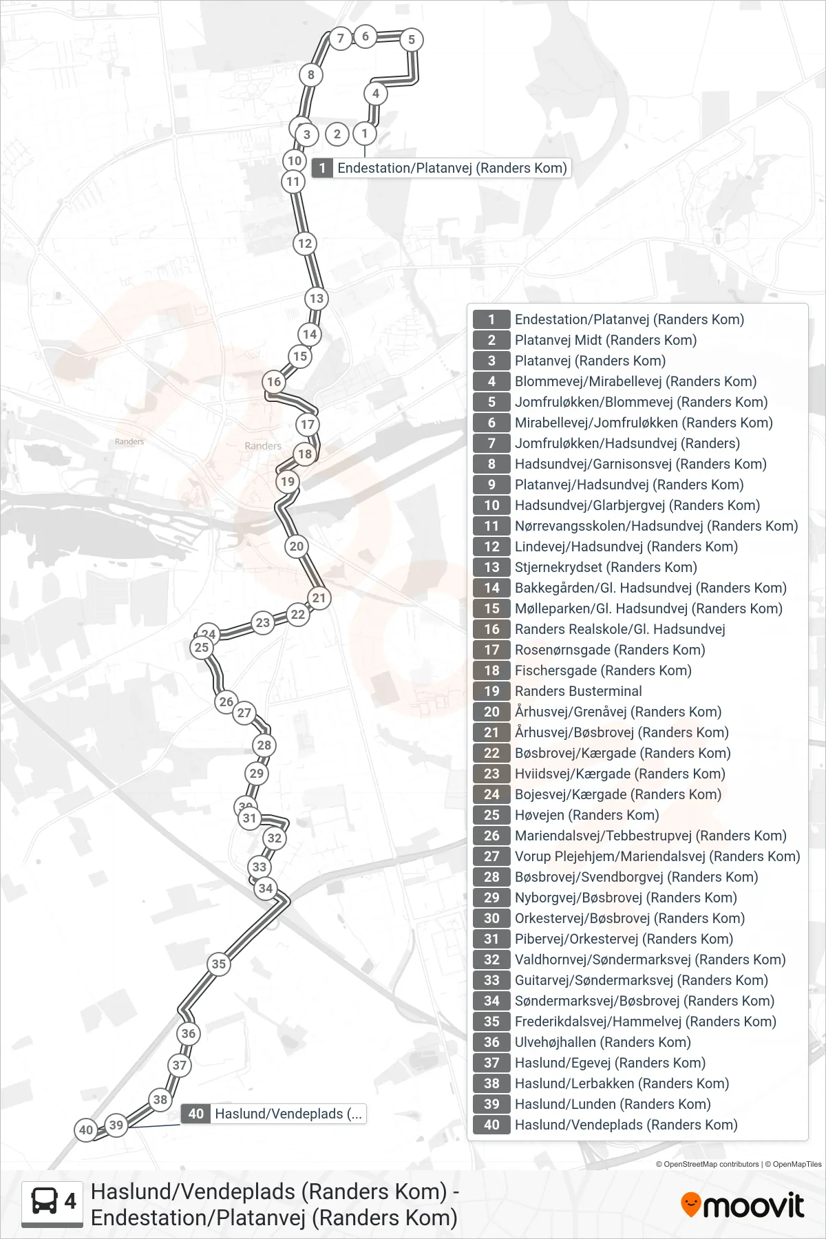 4 bus Linje (Haslund/Vendeplads (Randers Kom)) rute og stop på et kort