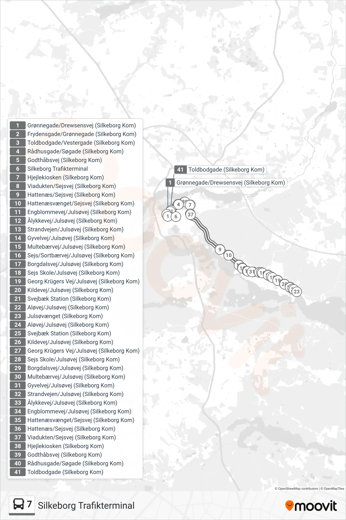 7 bus Linje (Silkeborg Trafikterminal) rute og stop på et kort