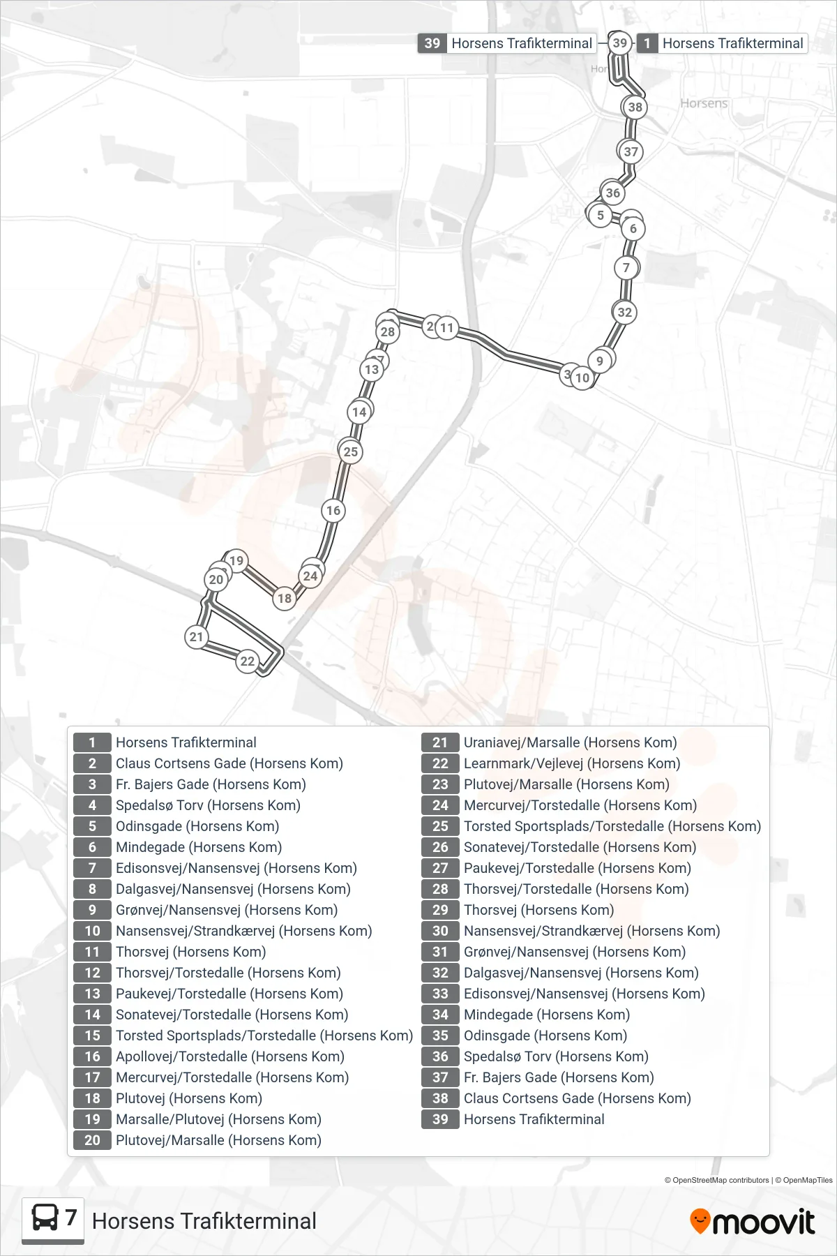 7 bus Linje (Horsens Trafikterminal) rute og stop på et kort