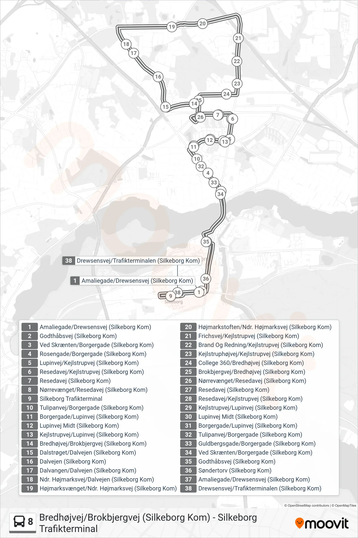 8 bus Linje (Silkeborg Trafikterminal) rute og stop på et kort