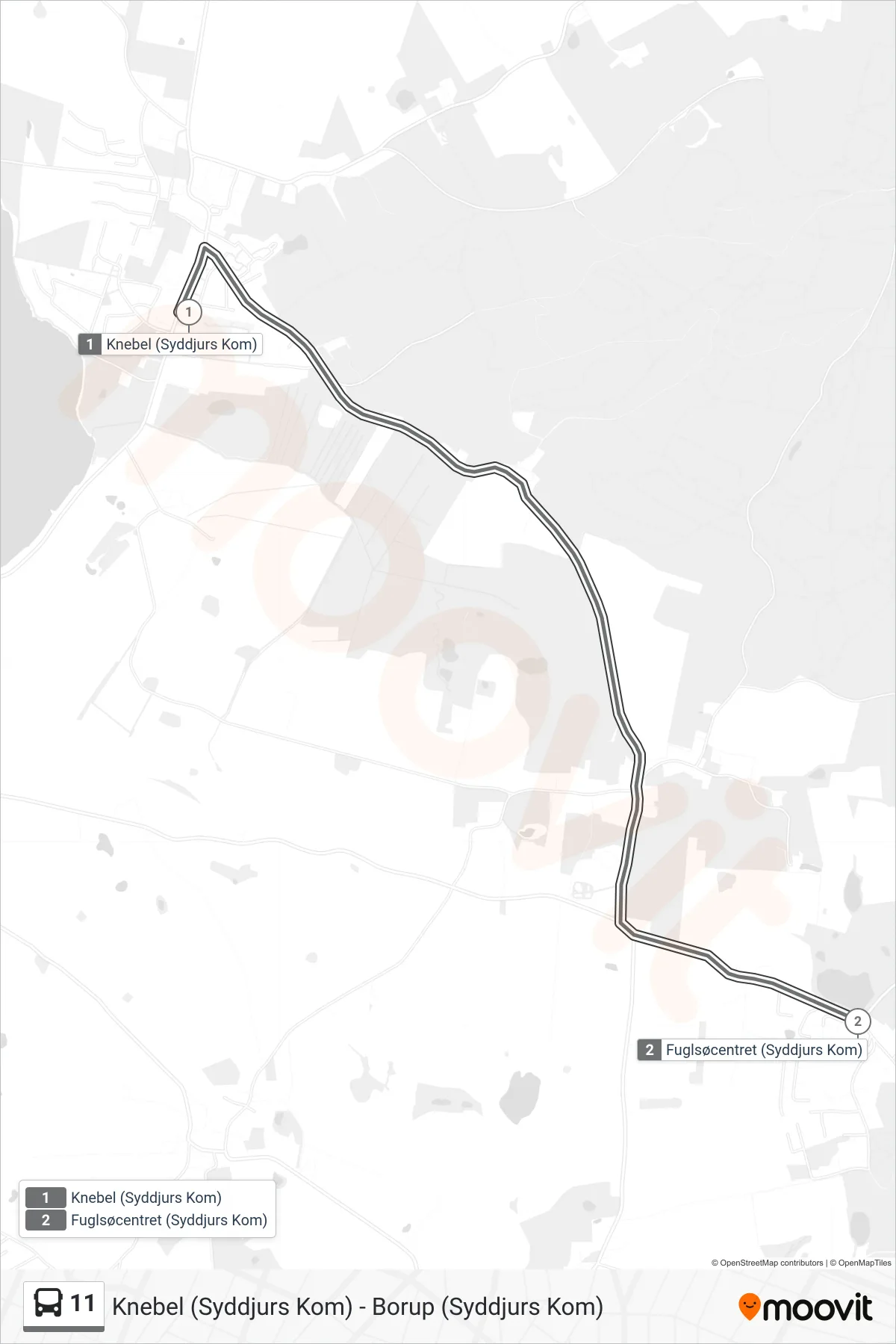 11 bus Linje (Fuglsøcentret) rute og stop på et kort