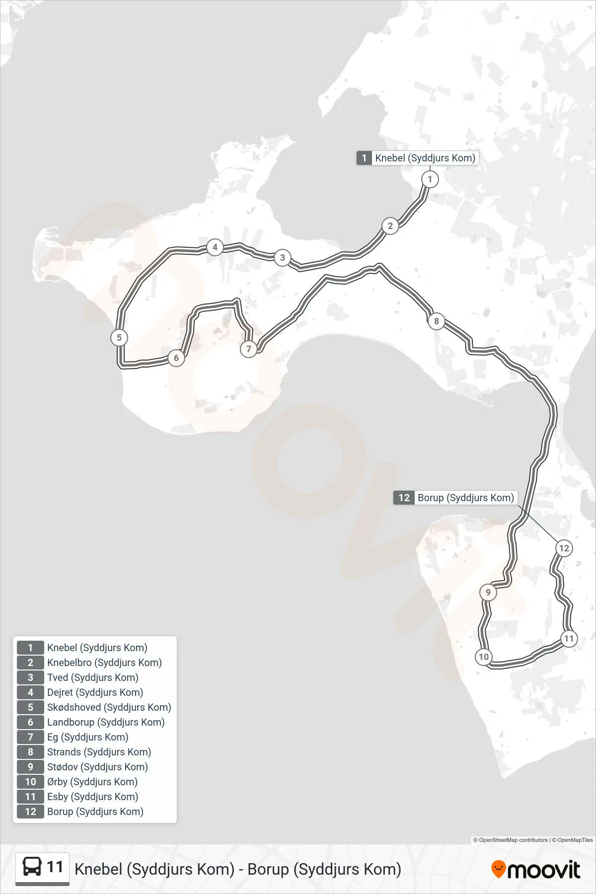 11 bus Linje (Borup) rute og stop på et kort