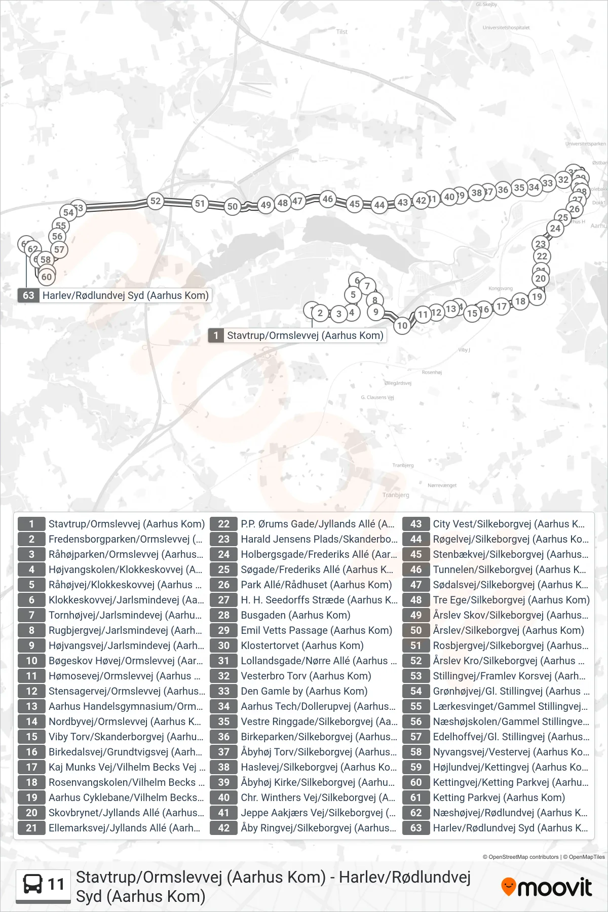 11 bus Line (Harlev) route and stops on a map