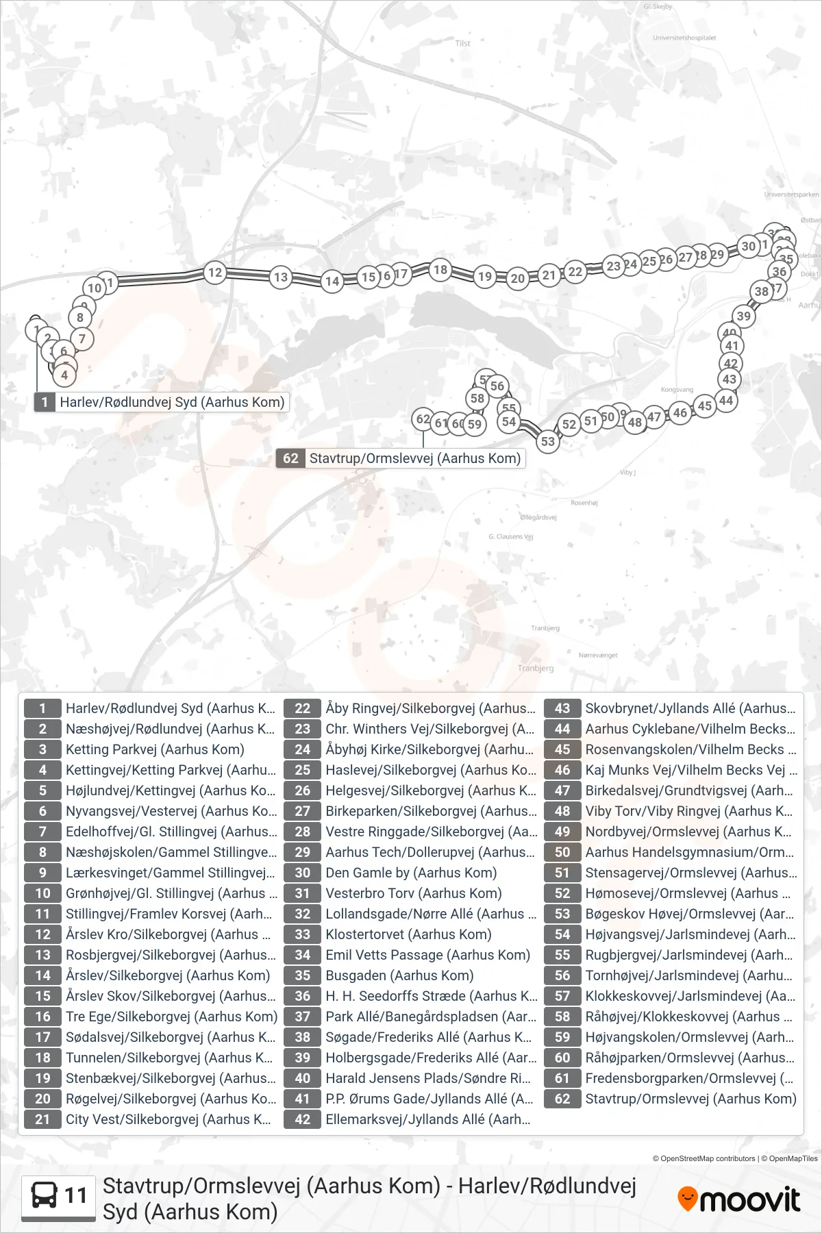 11 bus Linje (Stavtrup) rute og stop på et kort