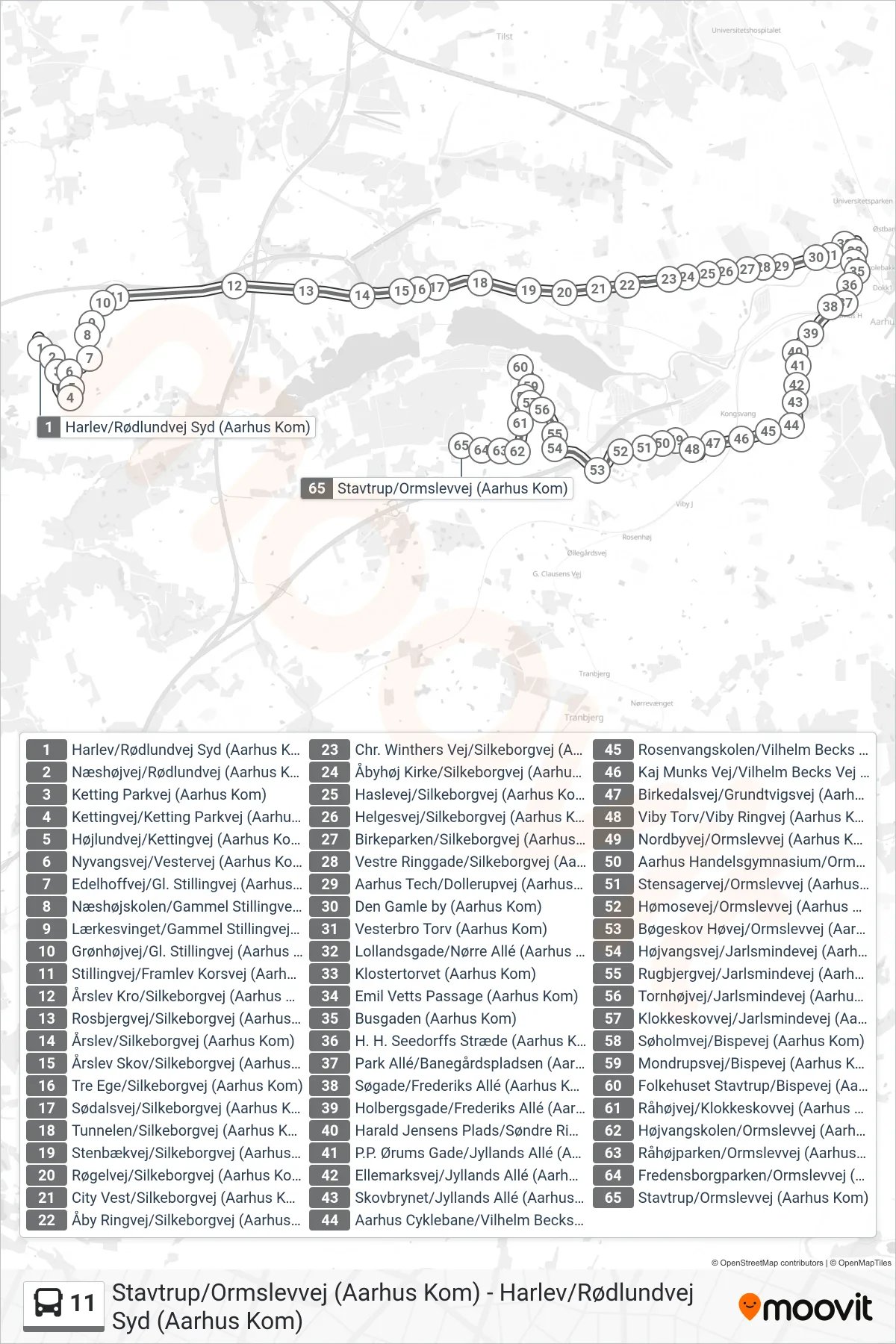 11 bus Linje (Stavtrup/Ormslevvej (Aarhus Kom)) rute og stop på et kort