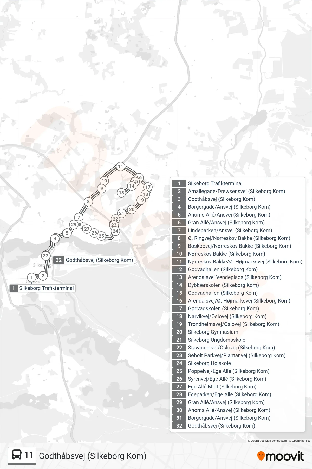 11 bus Linje (Godthåbsvej (Silkeborg Kom)) rute og stop på et kort