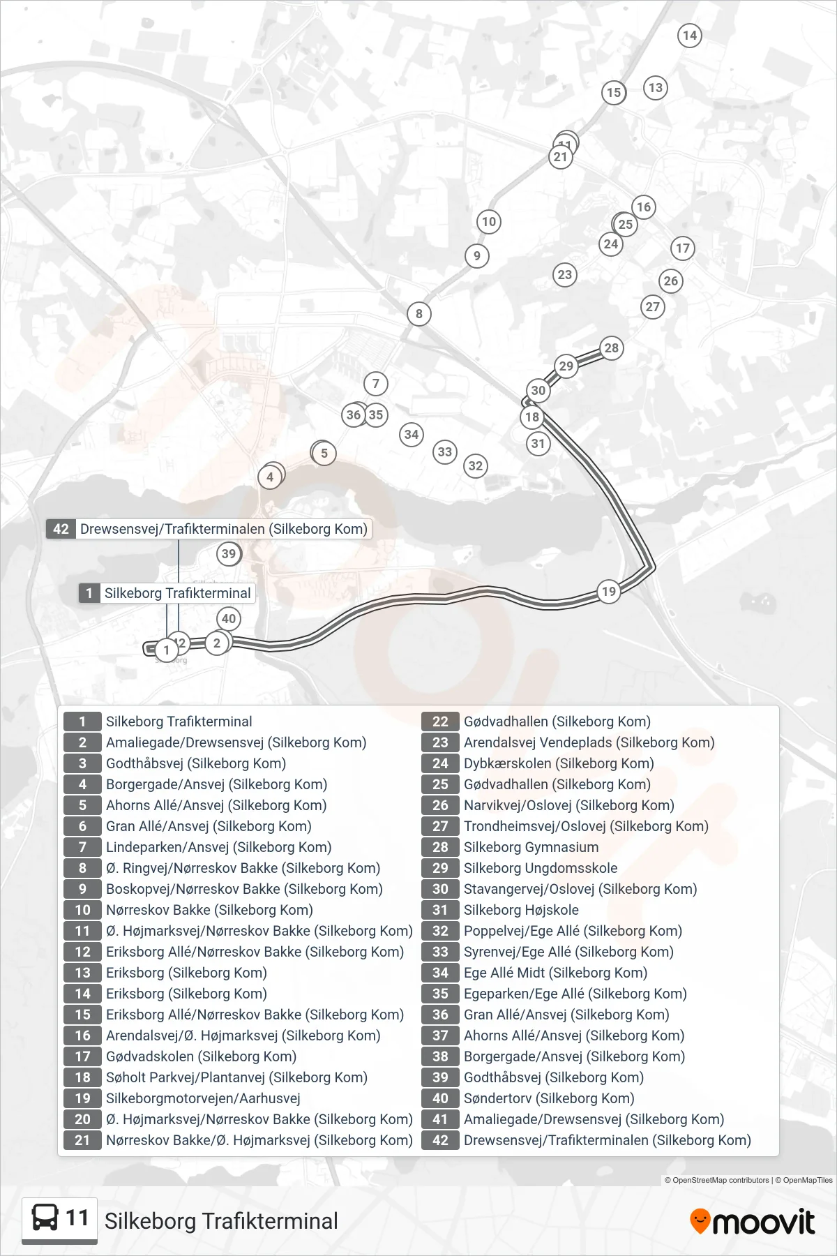 11 bus Line (Silkeborg Trafikterminal) route and stops on a map