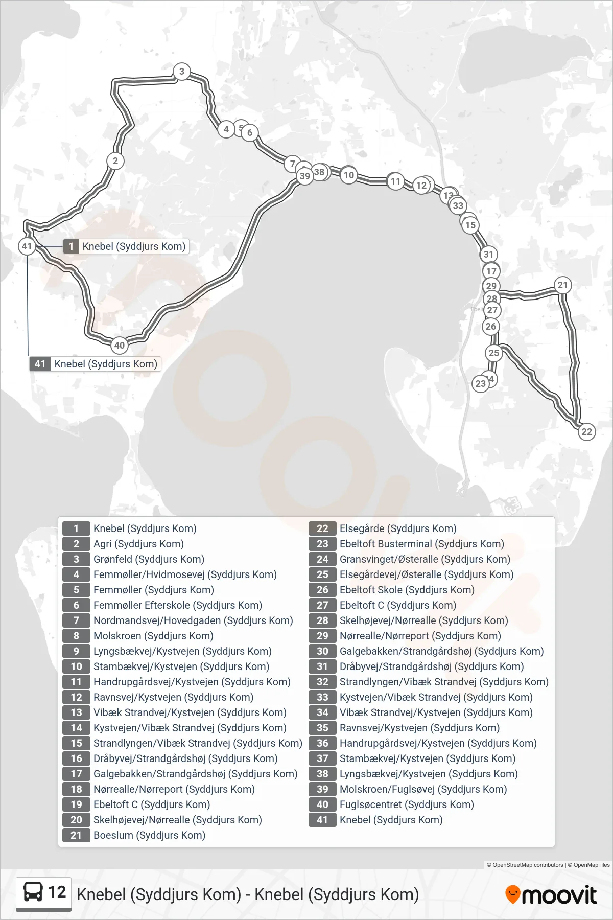 12 bus Linje (Knebel (Syddjurs Kom)) rute og stop på et kort
