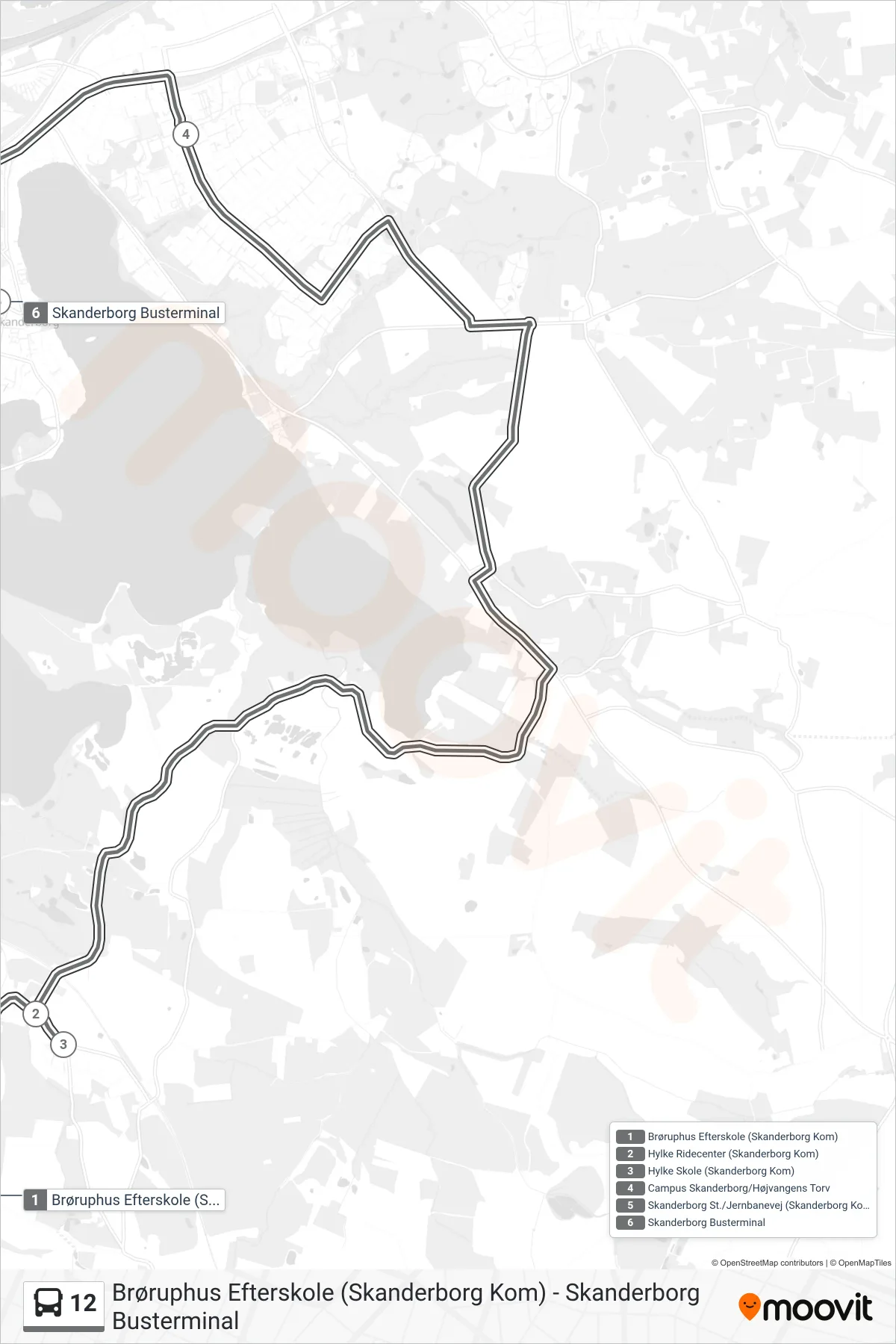 12 bus Line (Skanderborg Busterminal) route and stops on a map