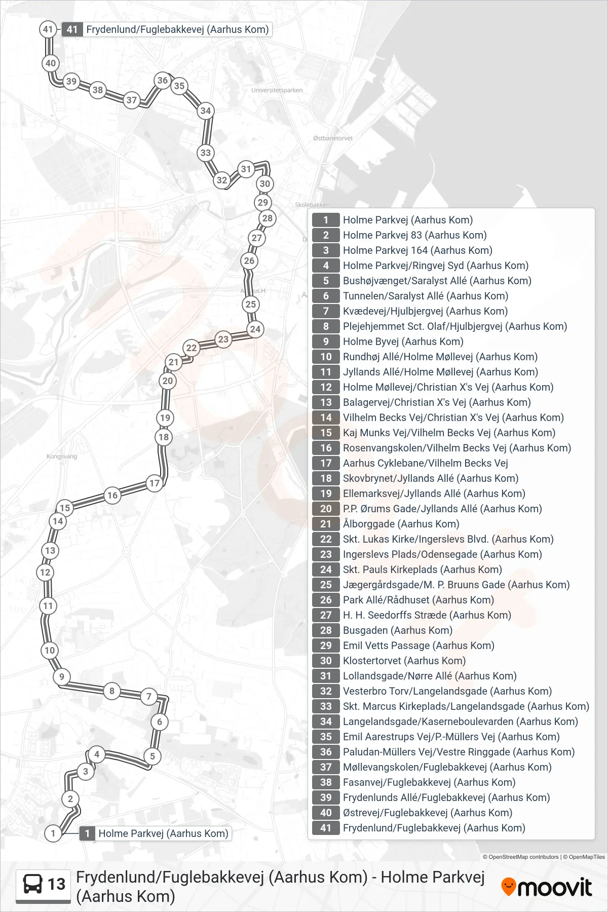 13 bus Linje (Frydenlund) rute og stop på et kort