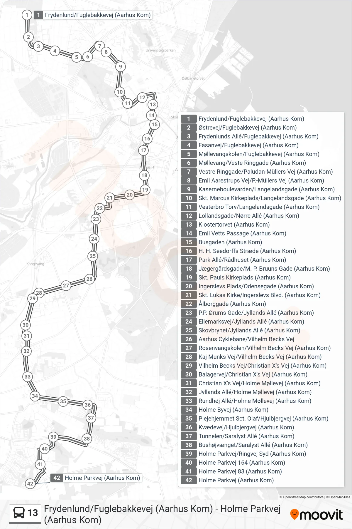 13 bus Linje (Holme Parkvej) rute og stop på et kort