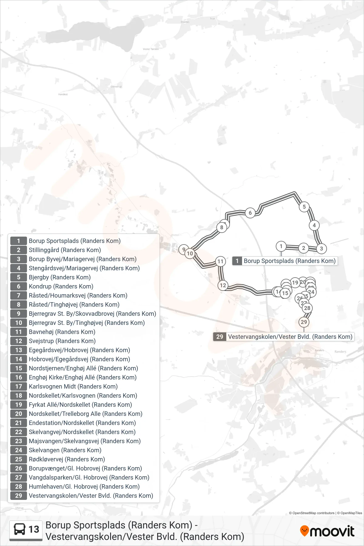 13 bus Line (Vestervangskolen) route and stops on a map