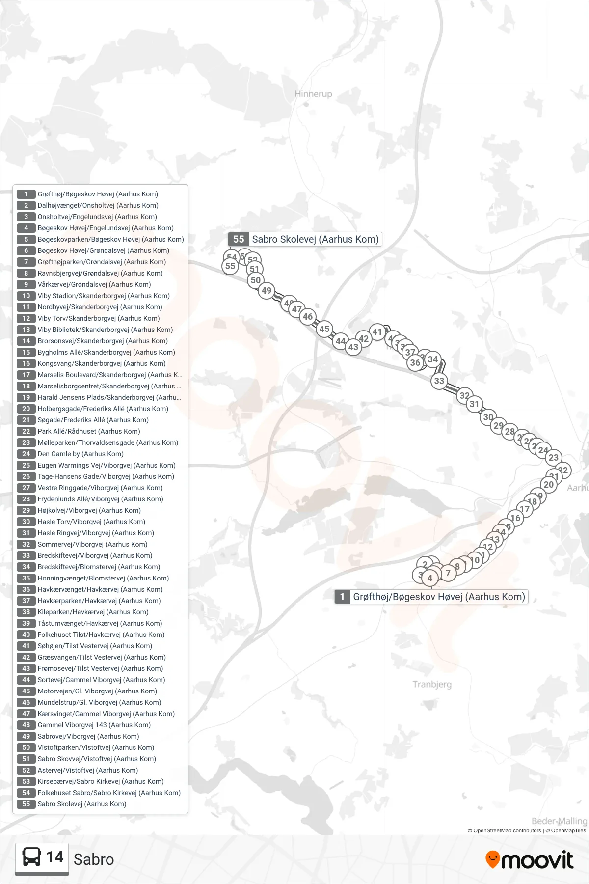 14 bus Linje (Sabro) rute og stop på et kort