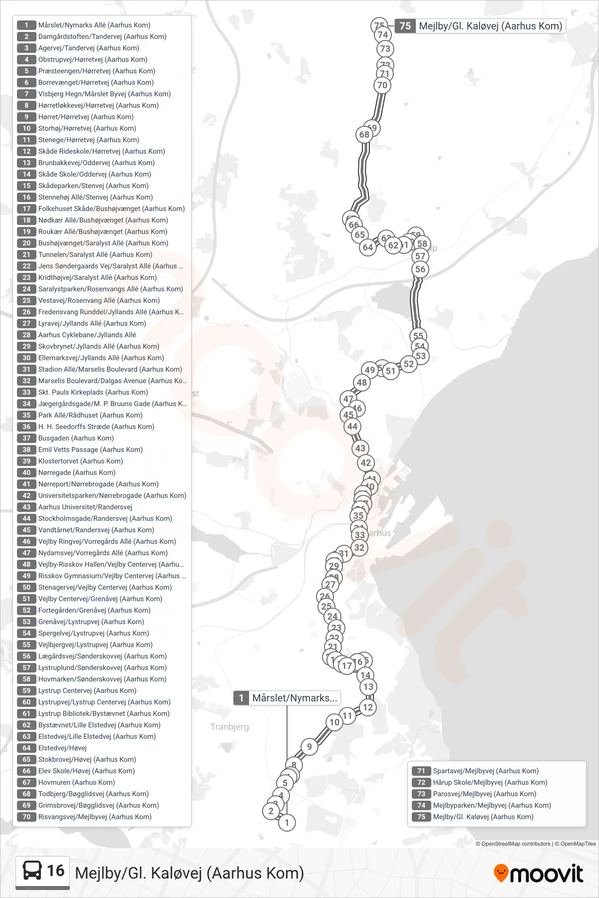 16 bus Linje (Mejlby/Gl. Kaløvej (Aarhus Kom)) rute og stop på et kort