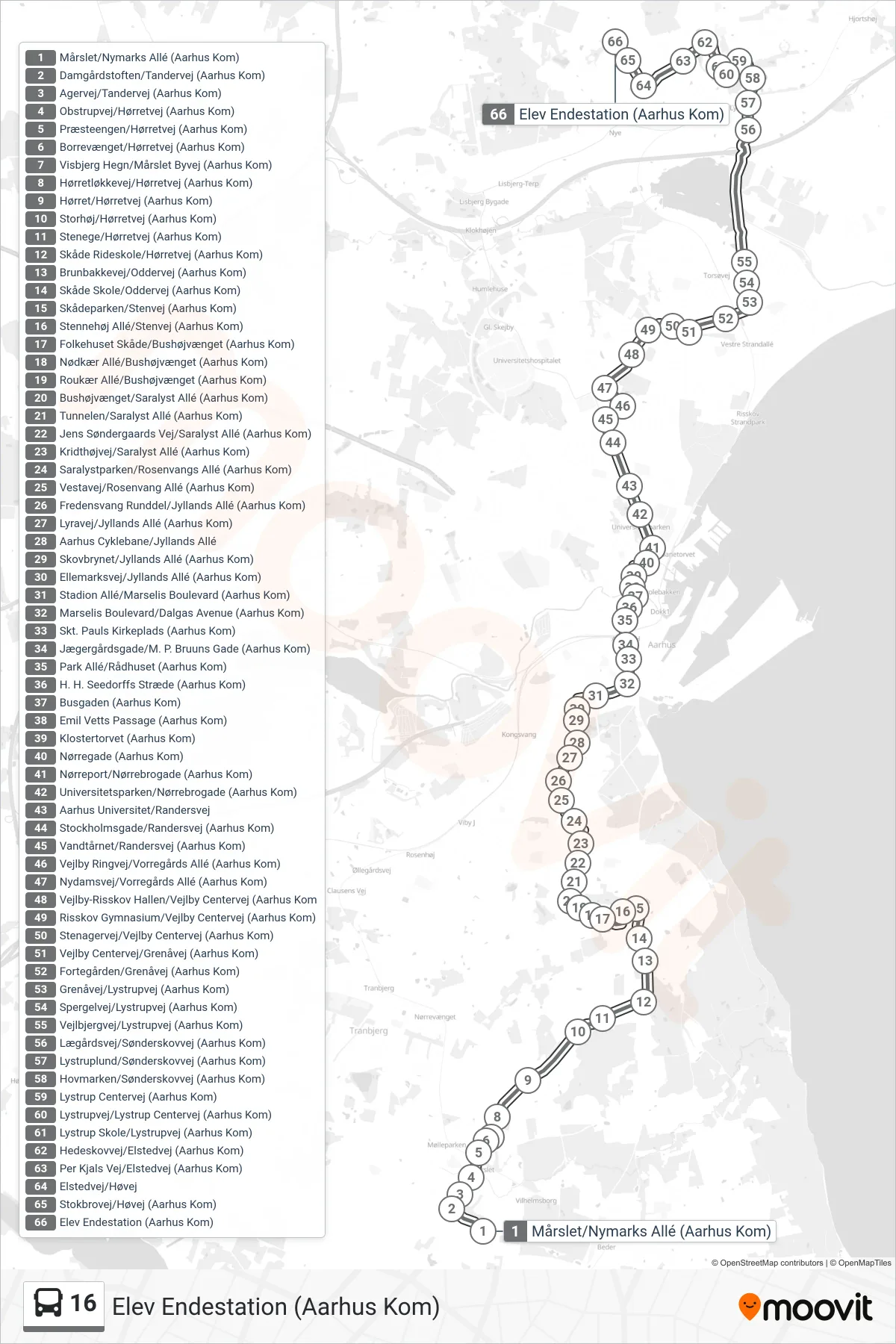 16 bus Linje (Elev Endestation (Aarhus Kom)) rute og stop på et kort