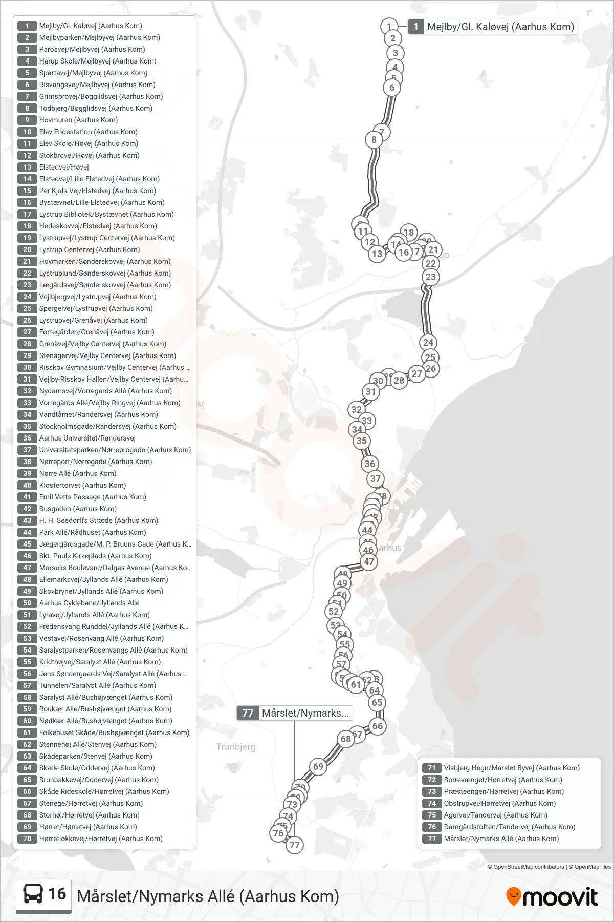 16 bus Linje (Mårslet/Nymarks Allé (Aarhus Kom)) rute og stop på et kort