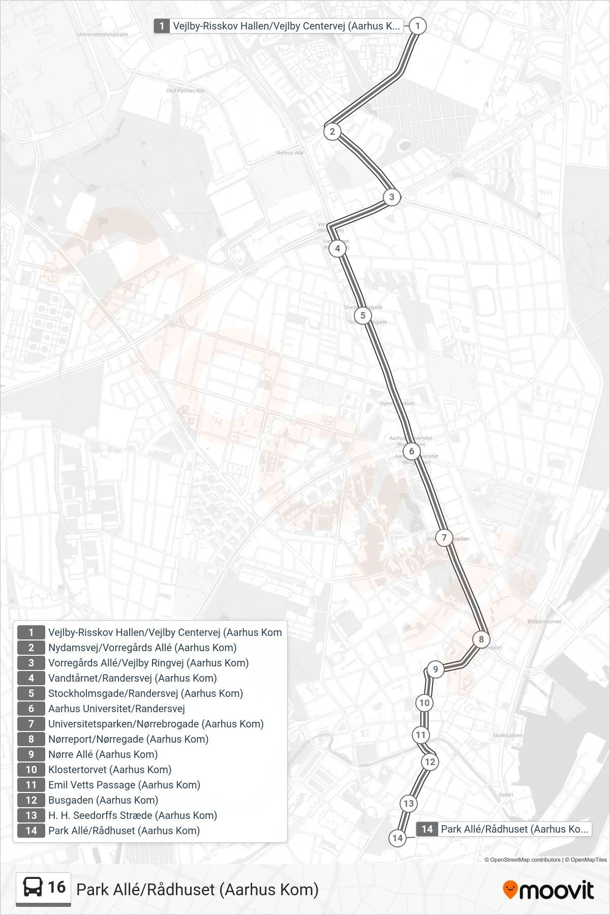16 bus Linje (Park Allé/Rådhuset (Aarhus Kom)) rute og stop på et kort