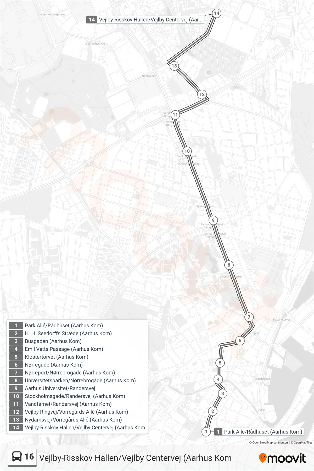 16 bus Linje (Vejlby-Risskov Hallen/Vejlby Centervej (Aarhus Kom) rute og stop på et kort
