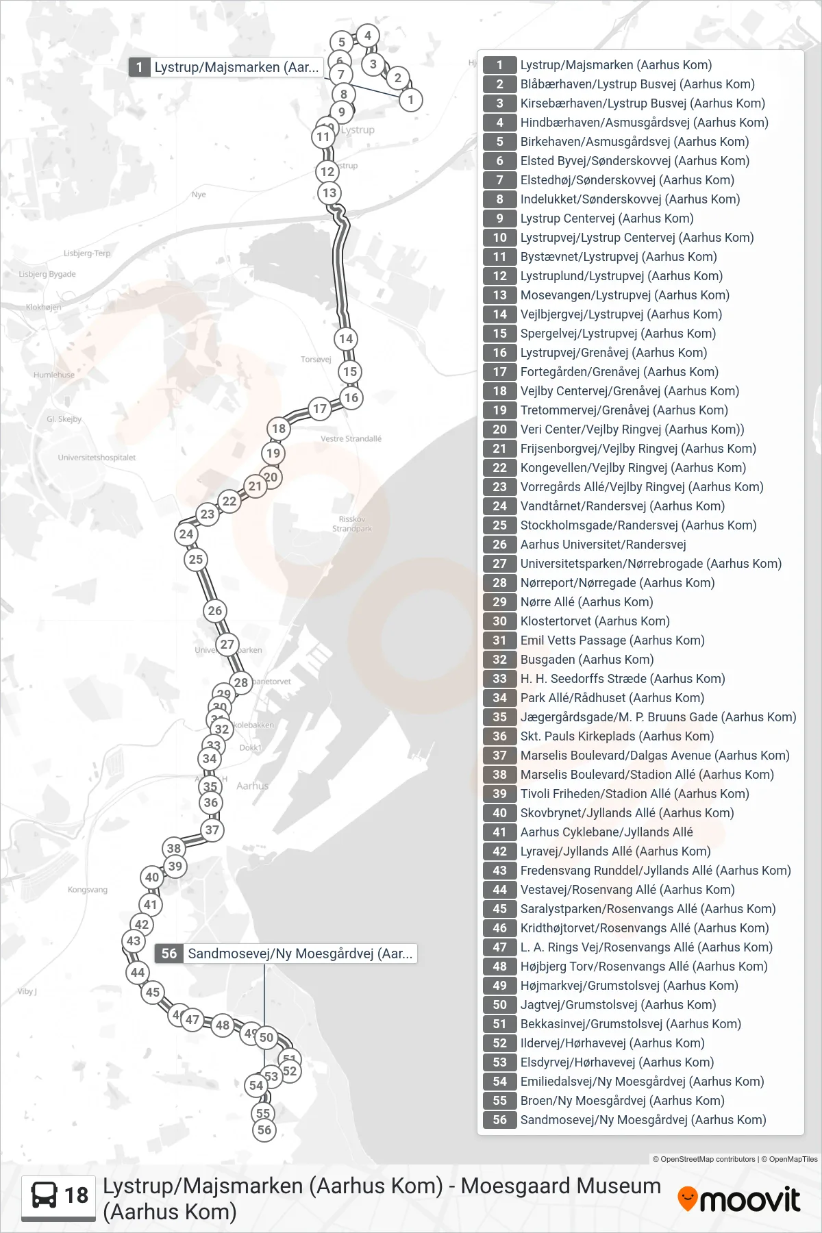 18 bus Line (Sandmosevej) route and stops on a map