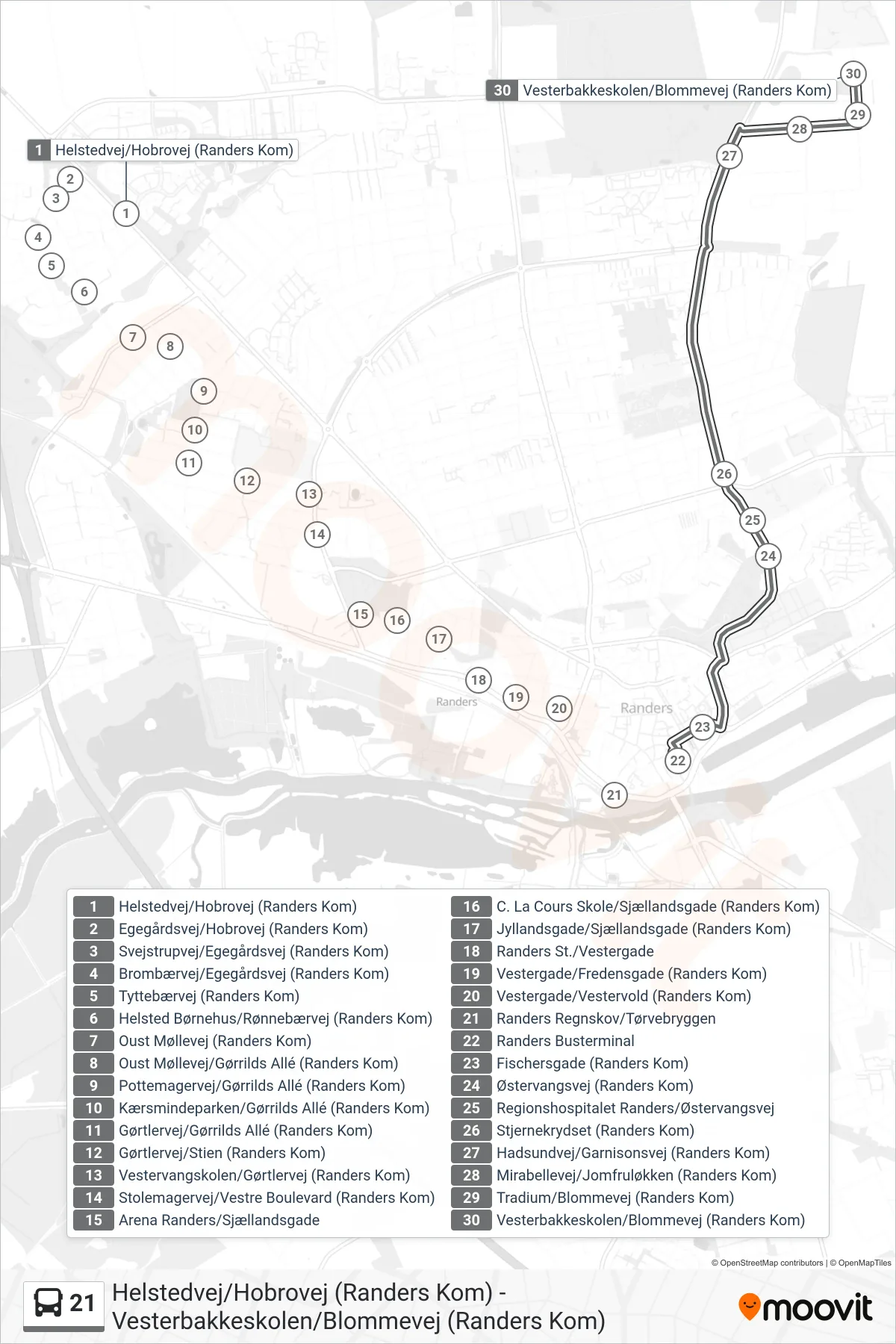 21 bus Linje (Vesterbakkeskolen) rute og stop på et kort