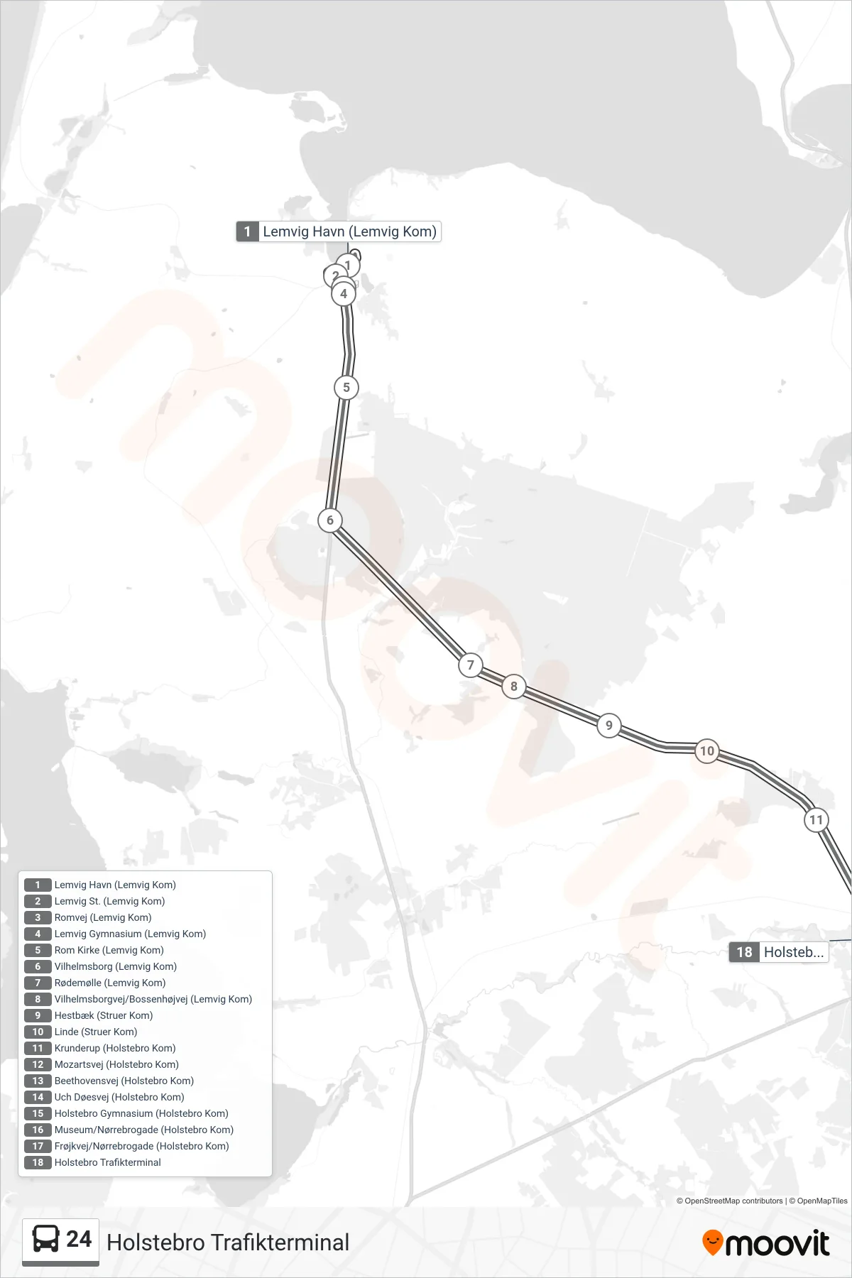 24 bus Linje (Holstebro Trafikterminal) rute og stop på et kort