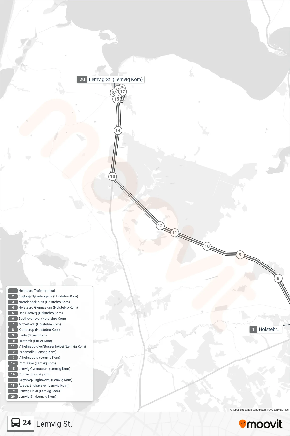 24 bus Linje (Lemvig St.) rute og stop på et kort