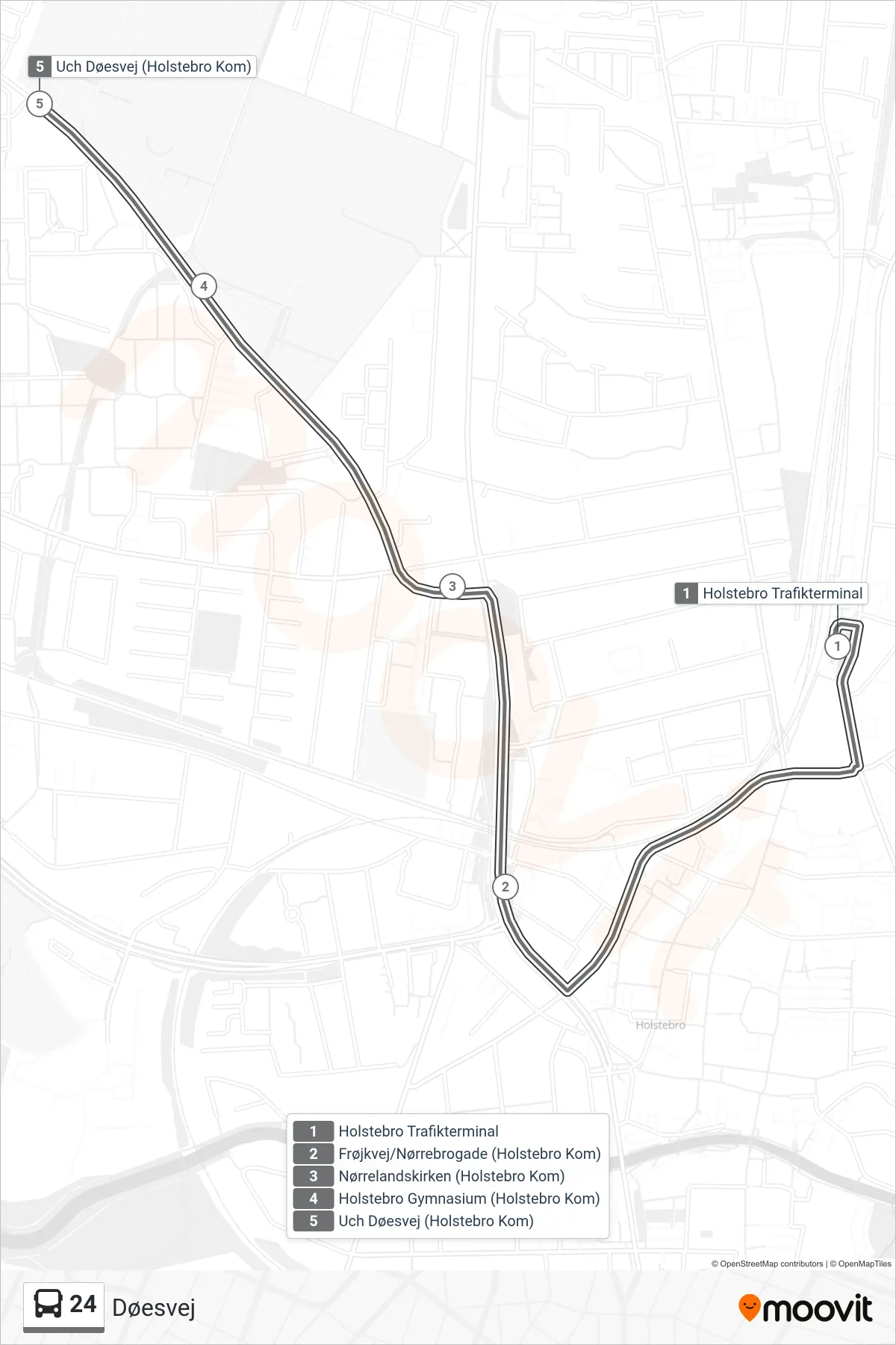 24 bus Linje (Døesvej) rute og stop på et kort