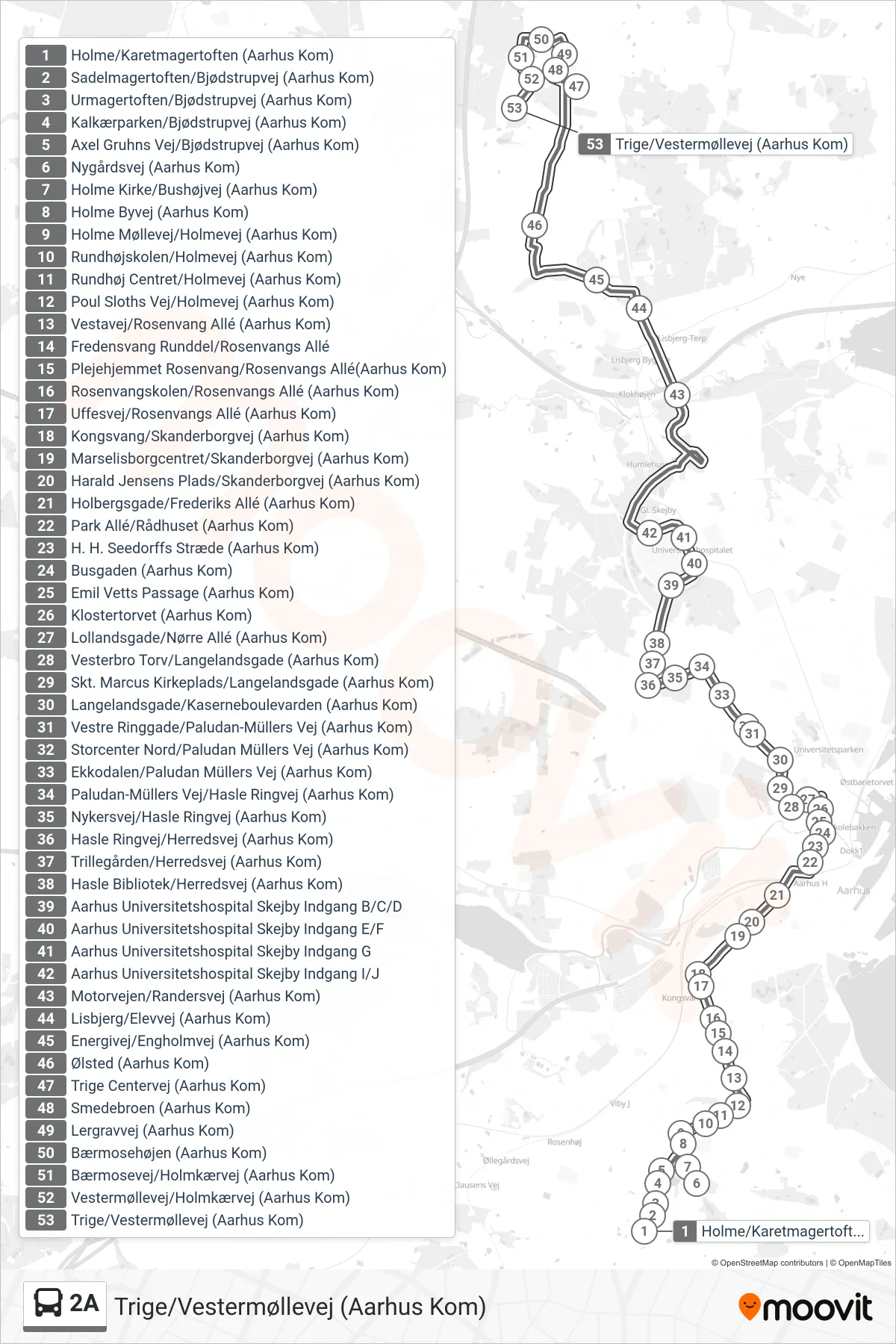 2A bus Linje (Trige/Vestermøllevej (Aarhus Kom)) rute og stop på et kort