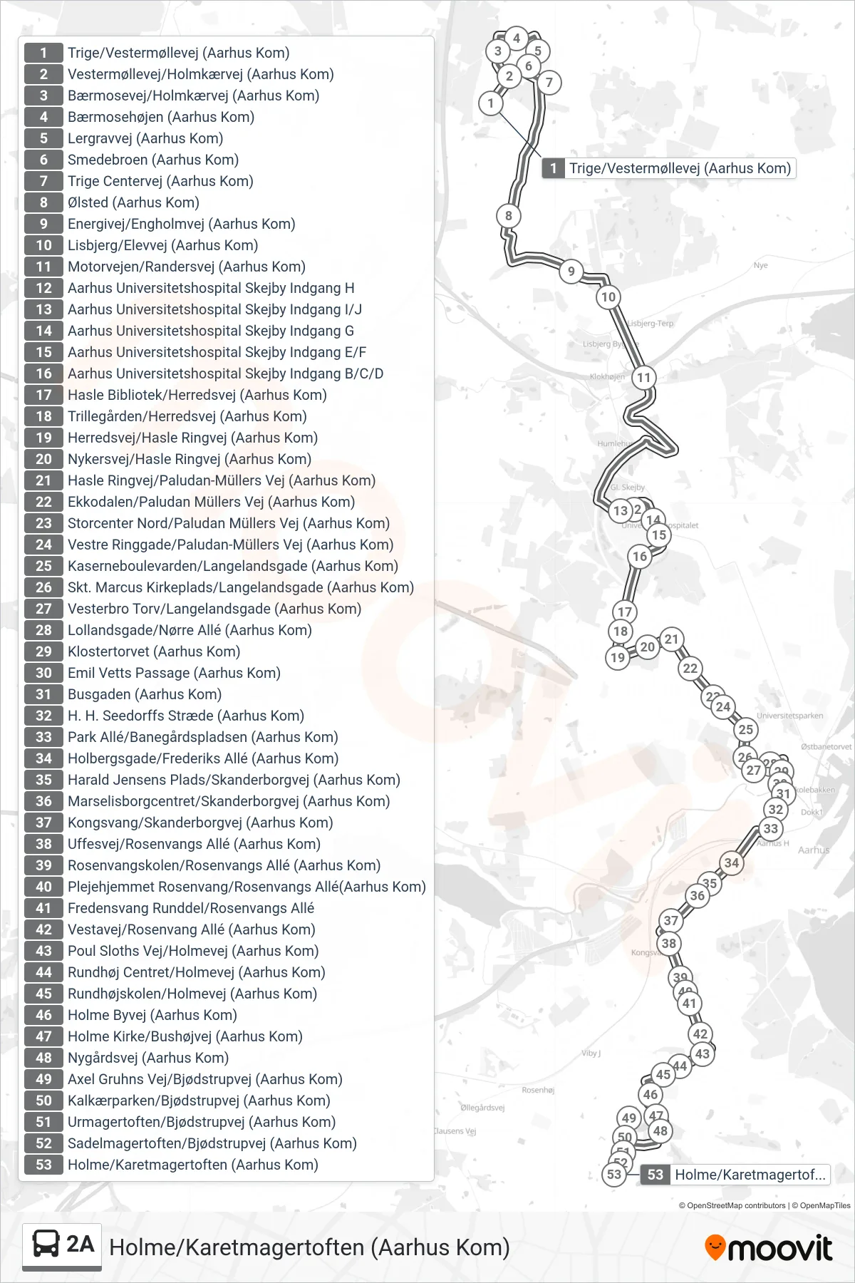 2A bus Linje (Holme/Karetmagertoften (Aarhus Kom)) rute og stop på et kort