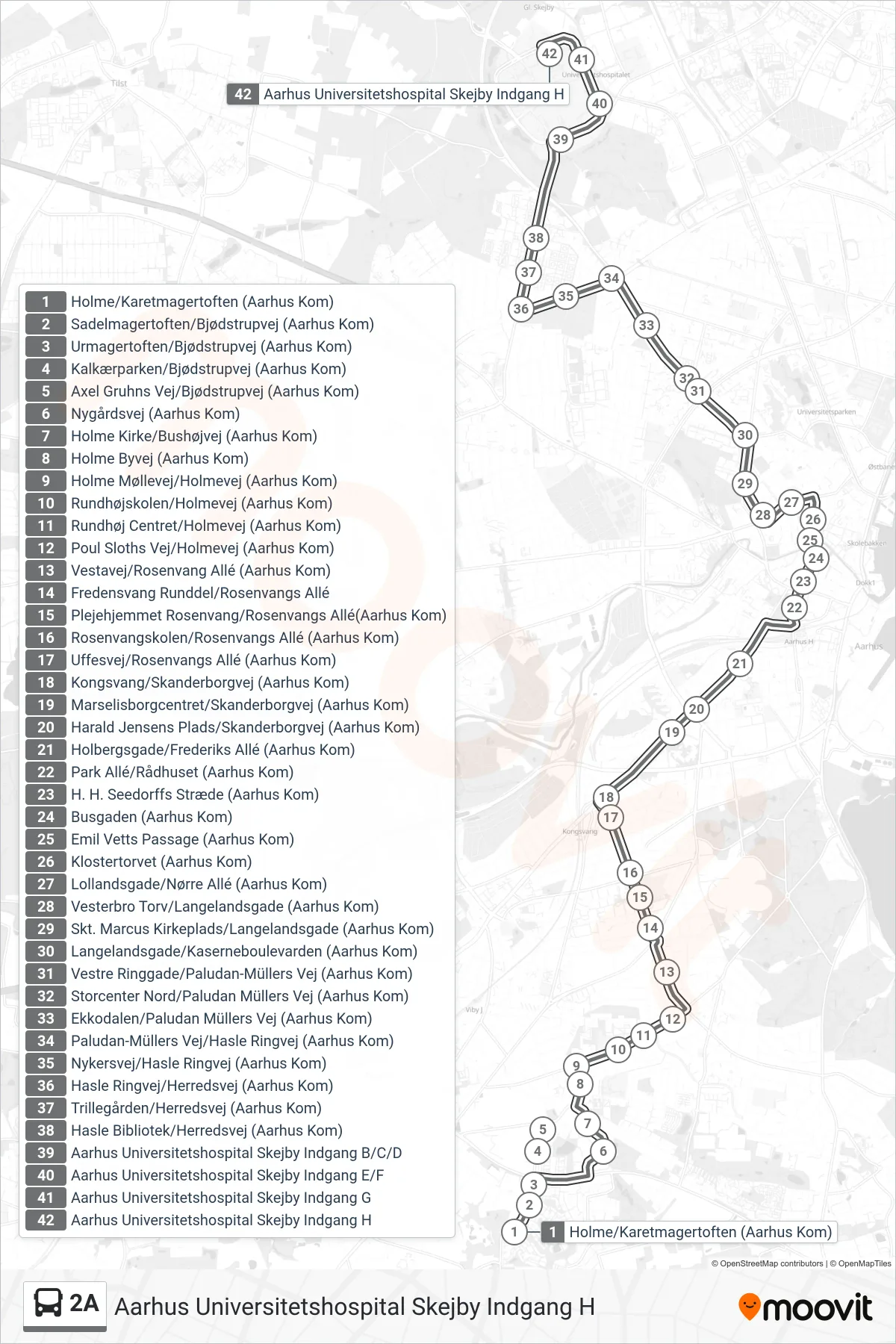 2A bus Linje (Aarhus Universitetshospital Skejby Indgang H) rute og stop på et kort