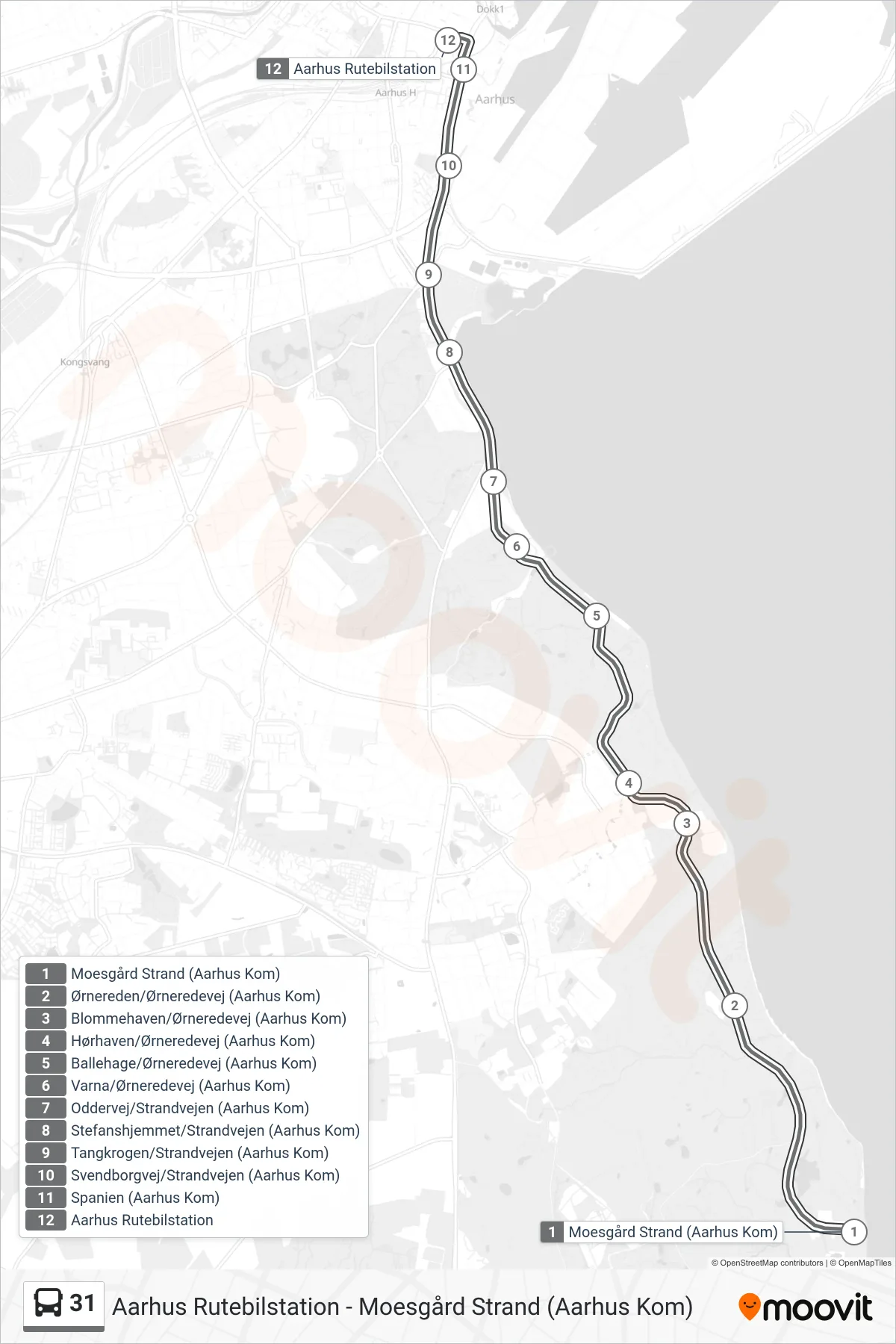 31 bus Linje (Rutebilstationen) rute og stop på et kort