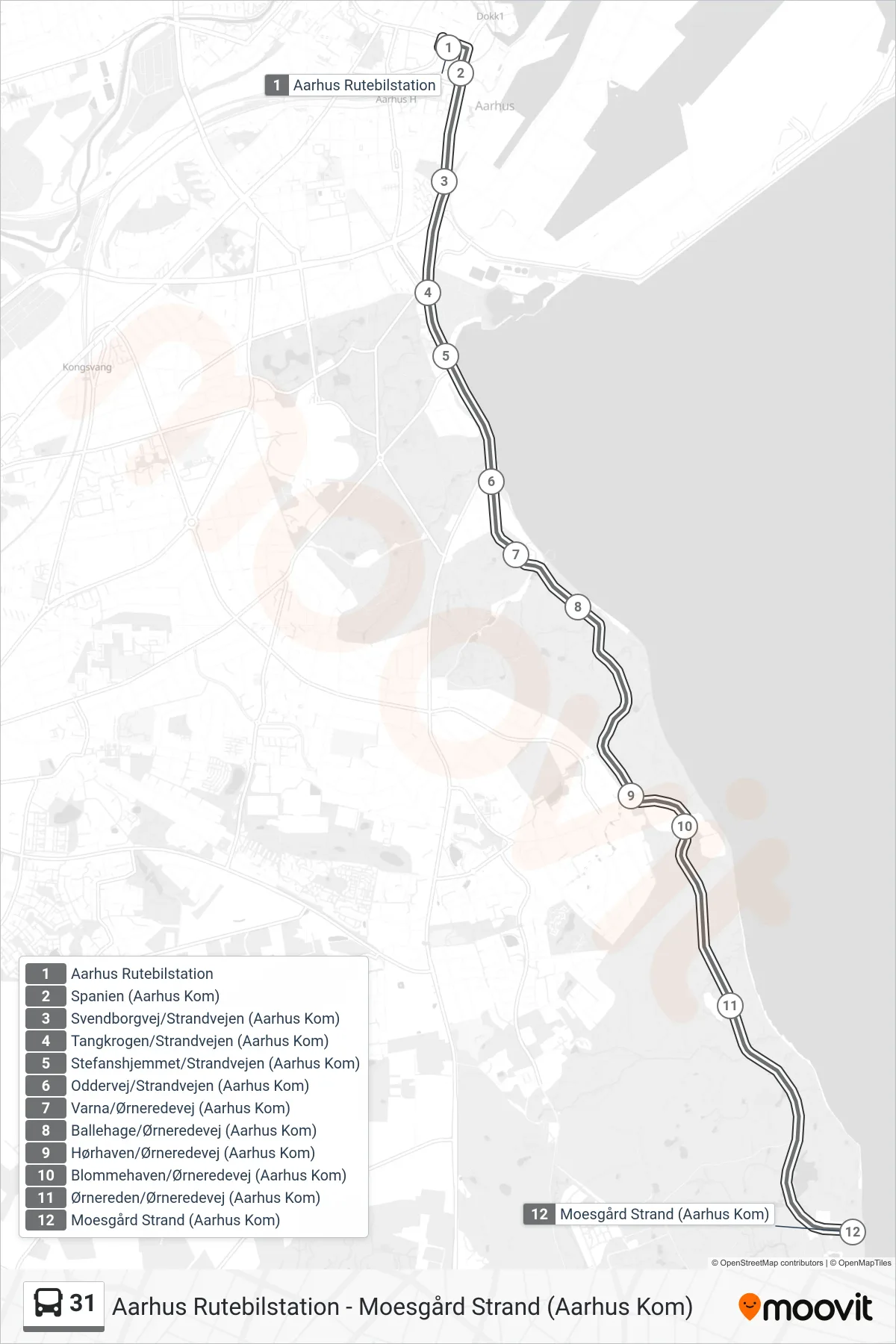 31 bus Linje (Moesgård Strand) rute og stop på et kort
