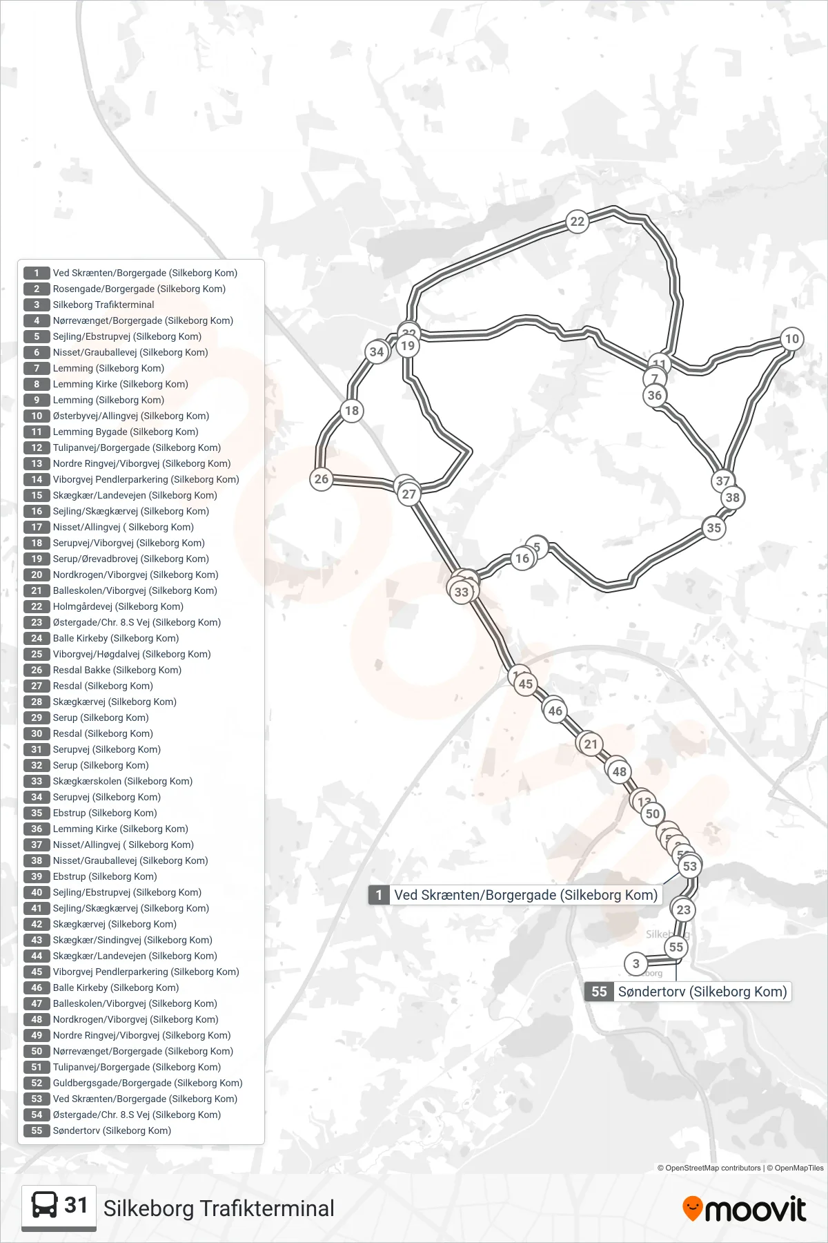 31 bus Linje (Silkeborg Trafikterminal) rute og stop på et kort