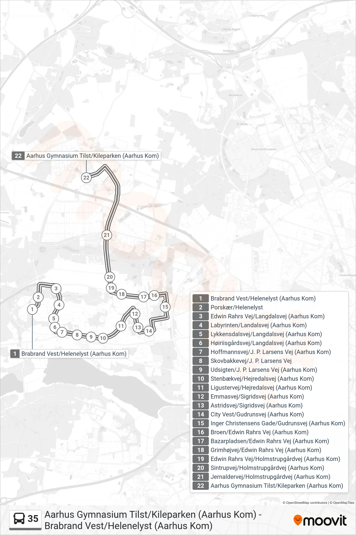 35 bus Linje (Aarhus Gymnasium Tilst) rute og stop på et kort