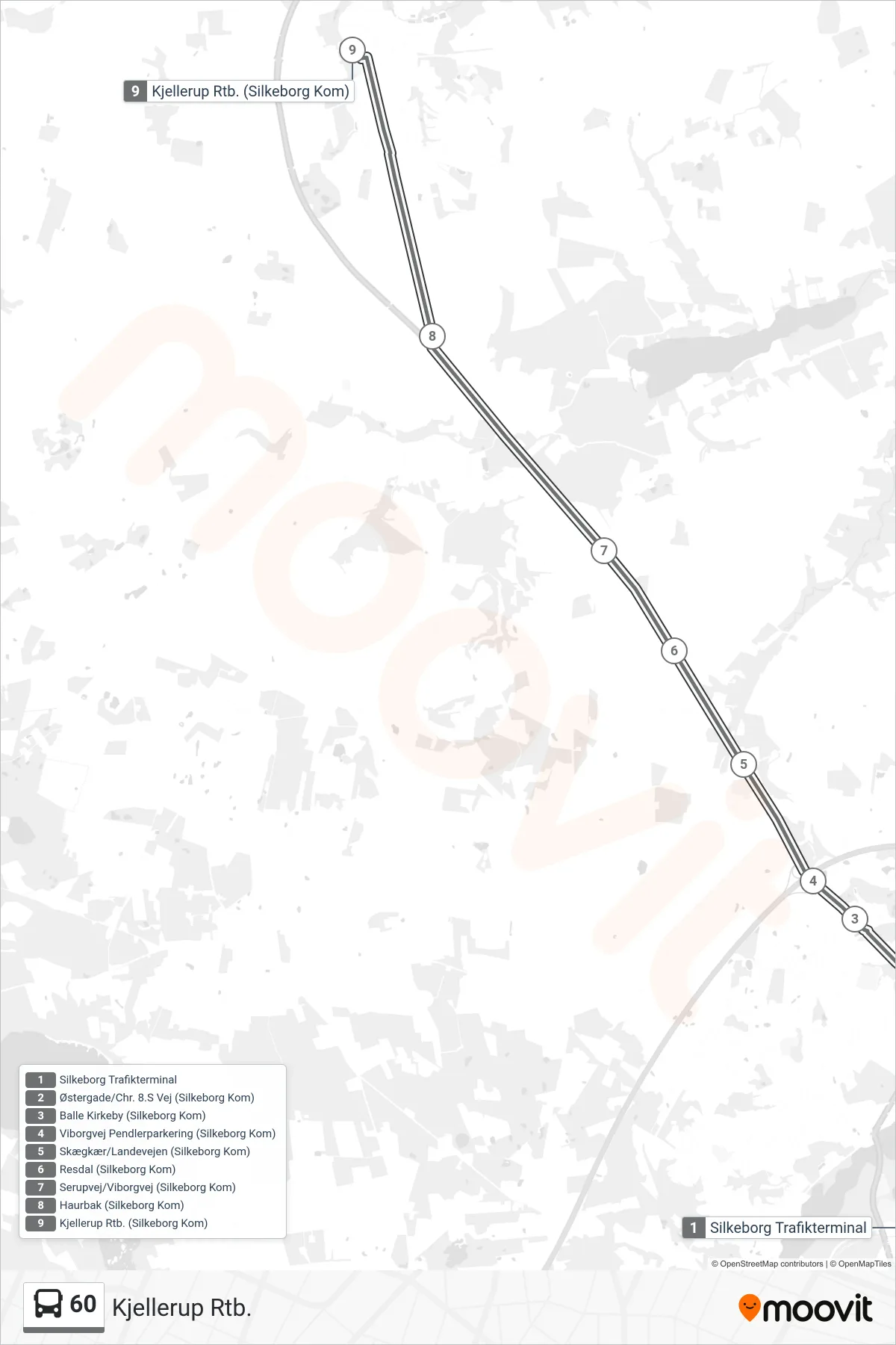 60 bus Linje (Kjellerup Rtb.) rute og stop på et kort