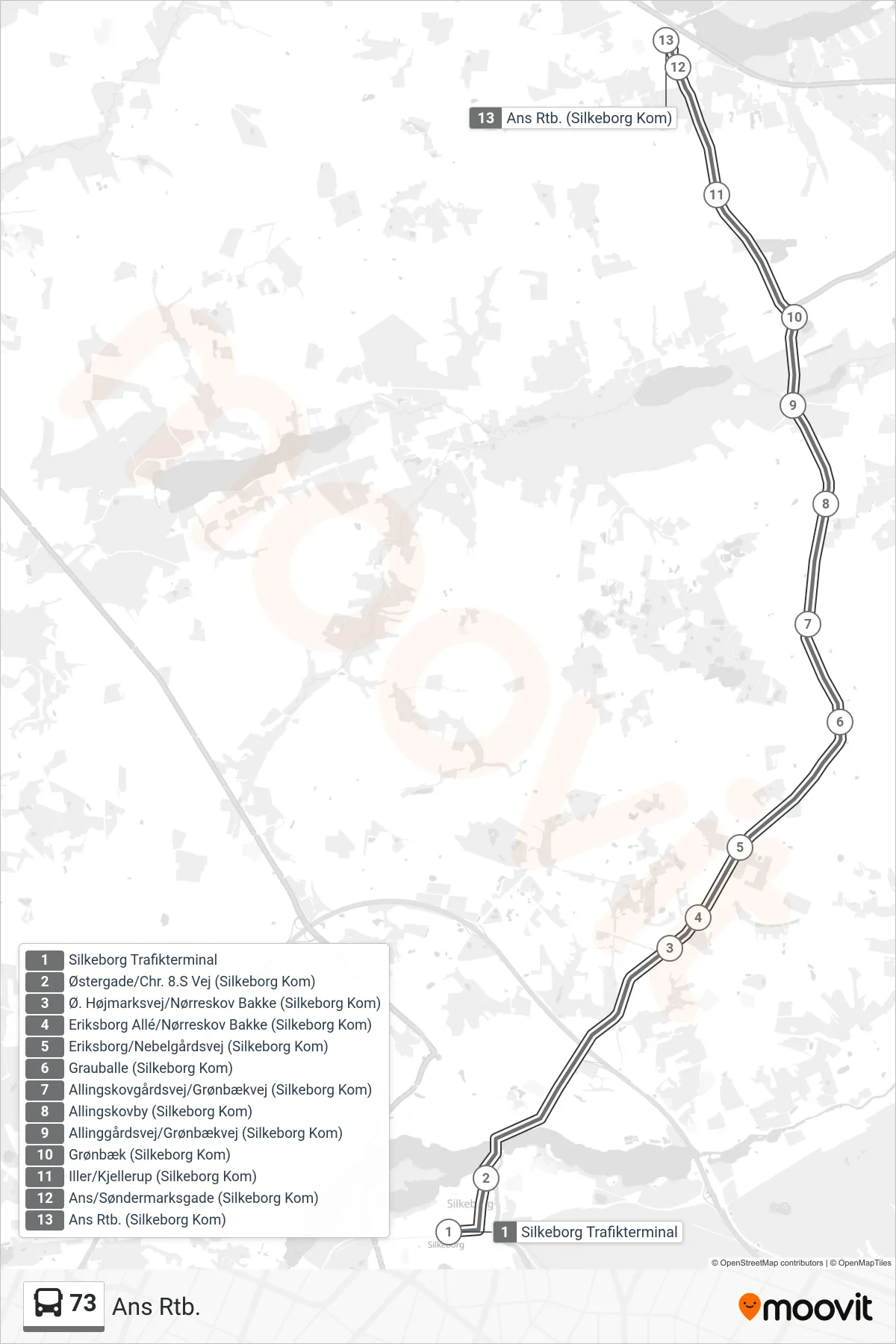 73 bus Line (Ans Rtb.) route and stops on a map