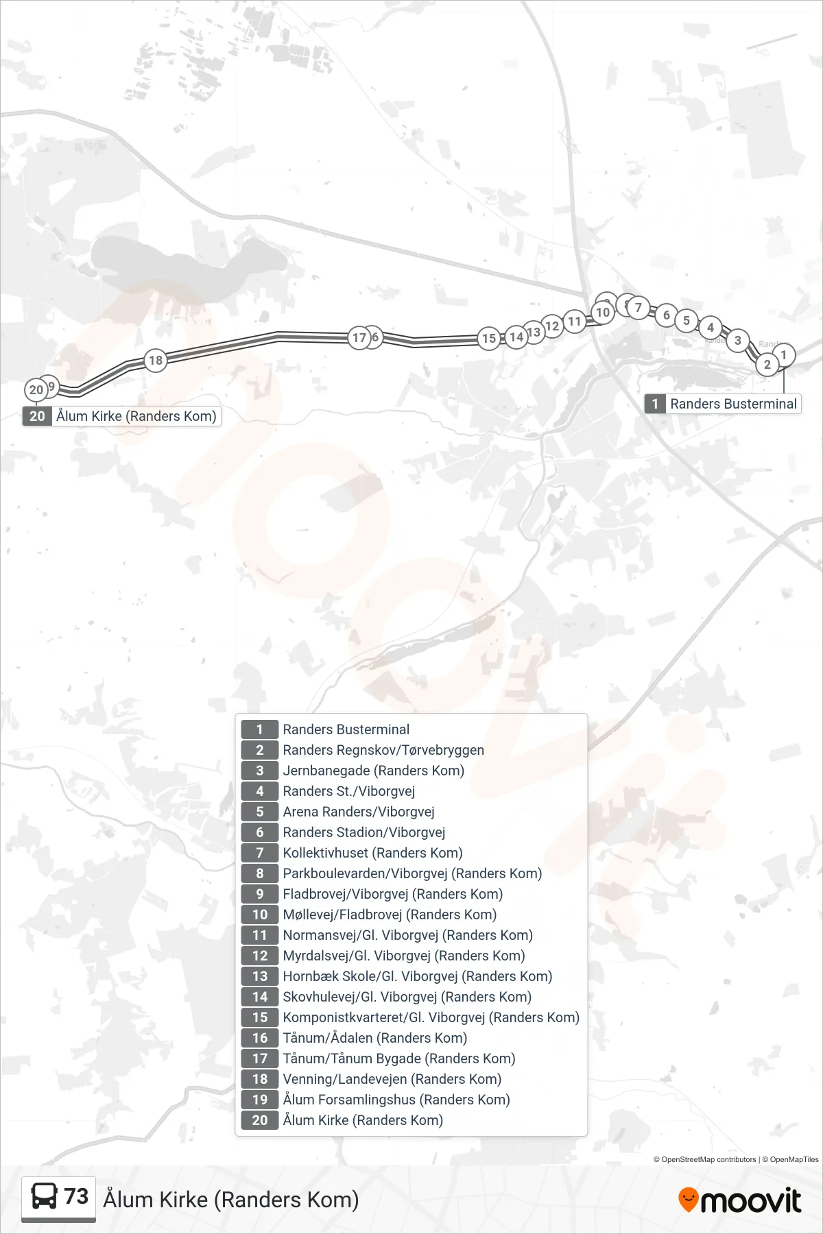73 bus Linje (Ålum Kirke (Randers Kom)) rute og stop på et kort