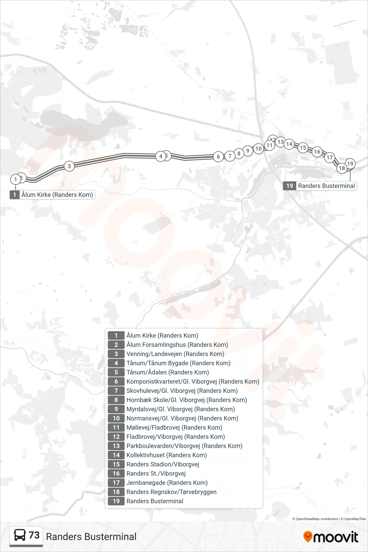 73 bus Linje (Randers Busterminal) rute og stop på et kort