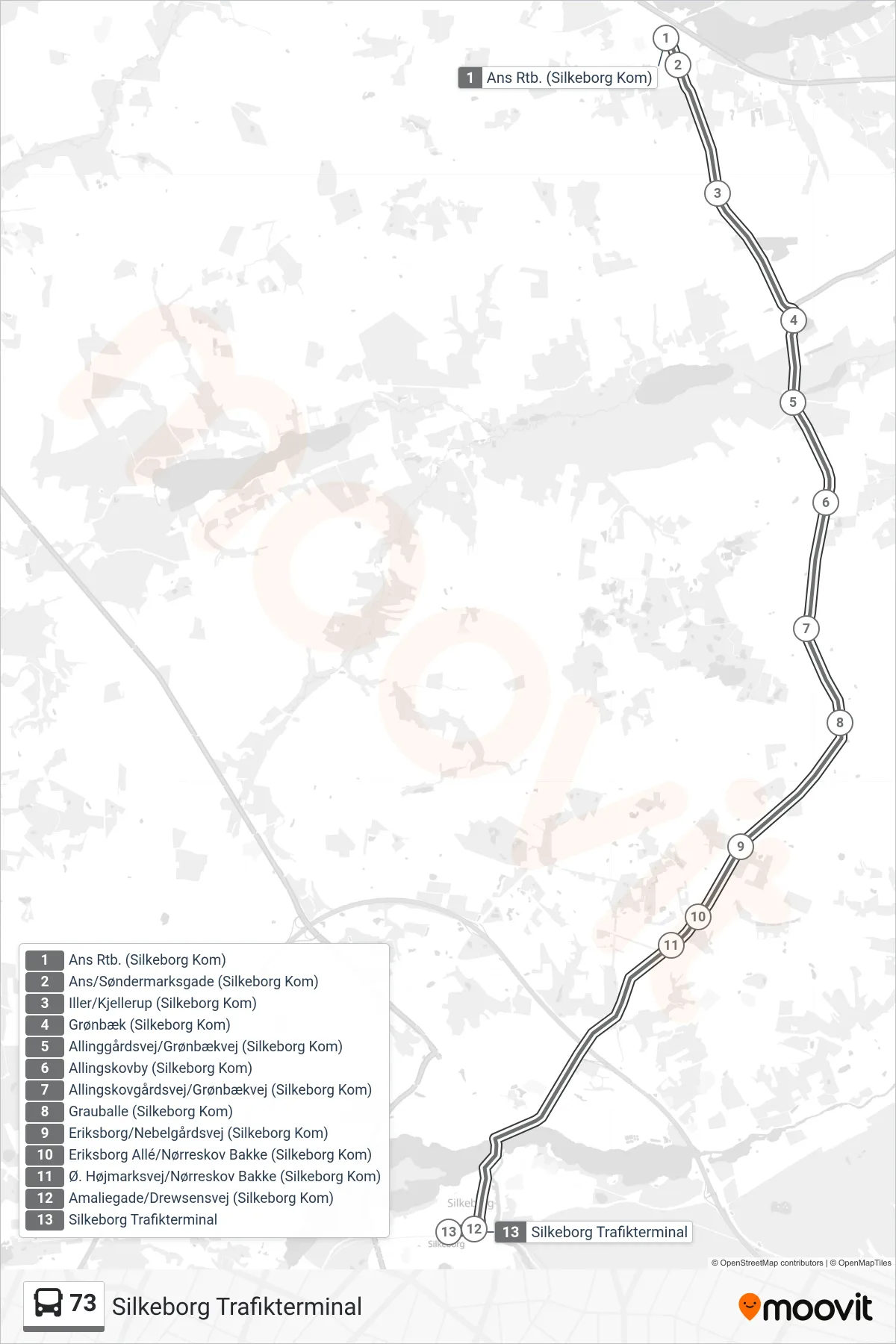 73 bus Linje (Silkeborg Trafikterminal) rute og stop på et kort