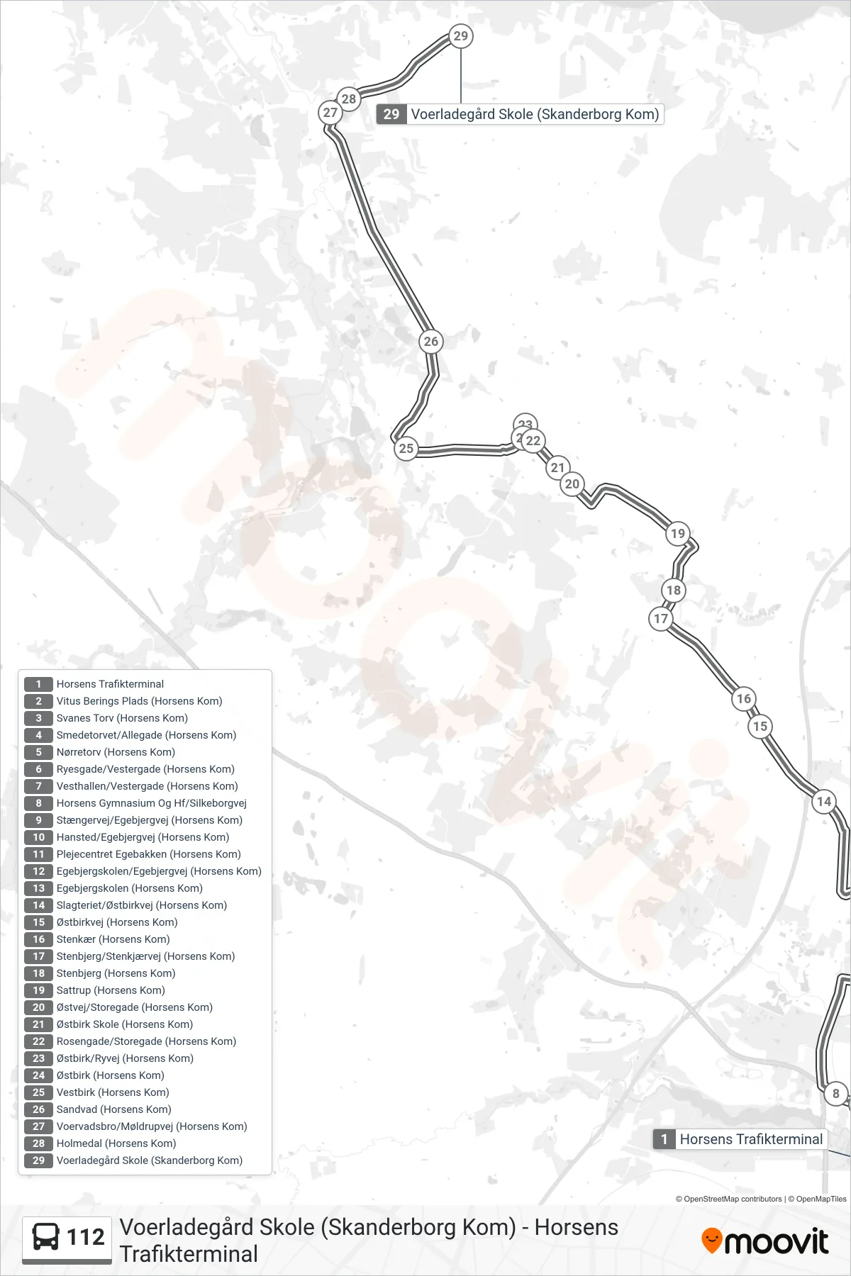112 bus Linje (Voerladegård Skole) rute og stop på et kort