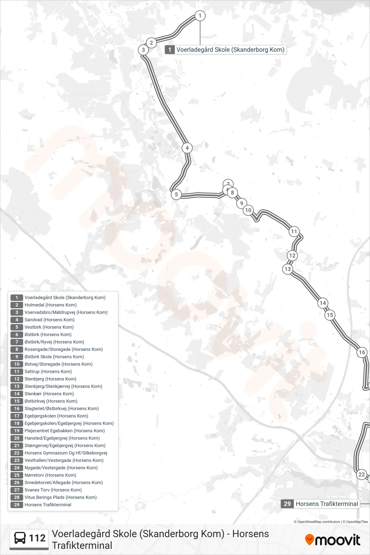 112 bus Line (Horsens Trafikterminal) route and stops on a map