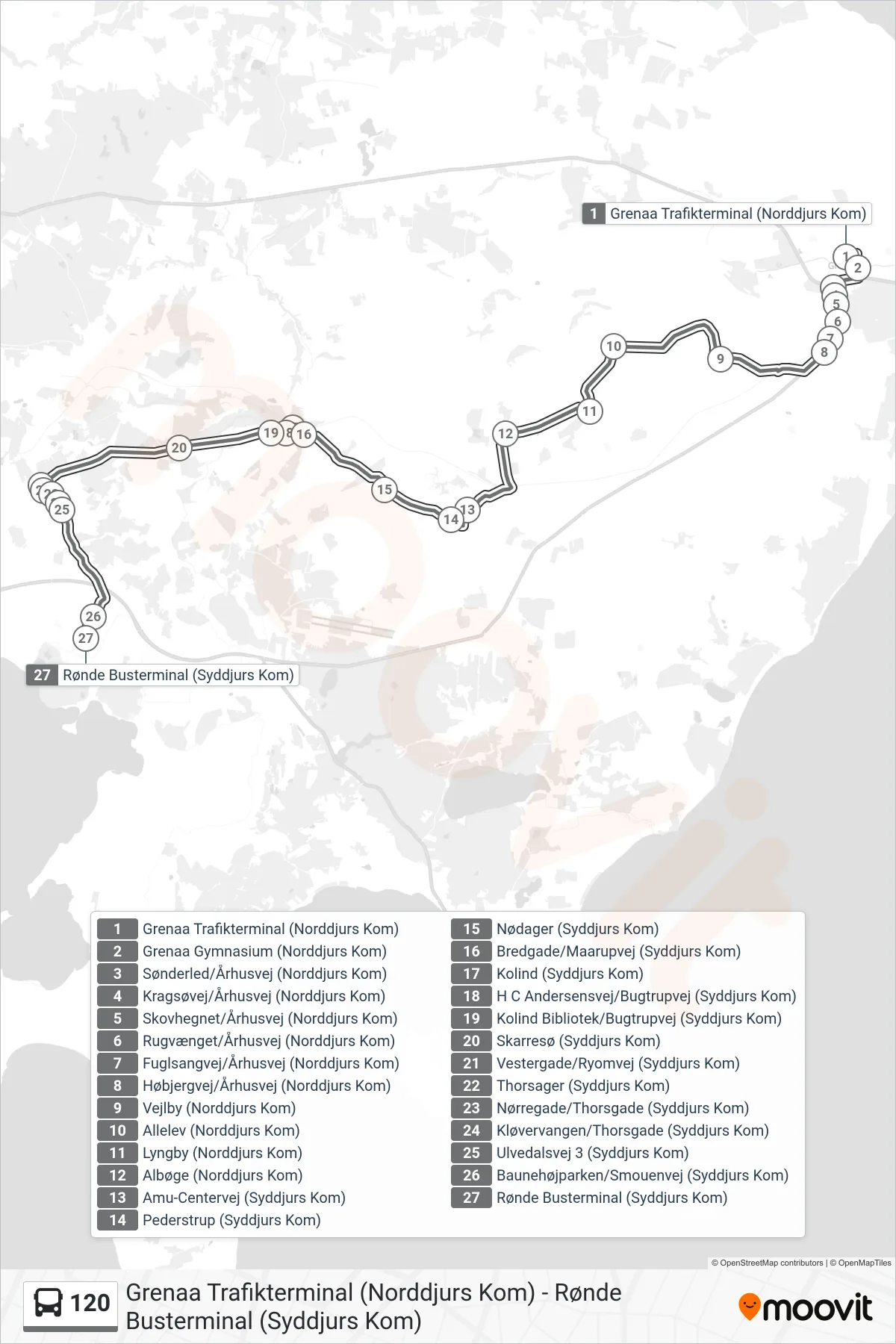 120 bus Linje (Rønde Busterminal (Syddjurs Kom)) rute og stop på et kort