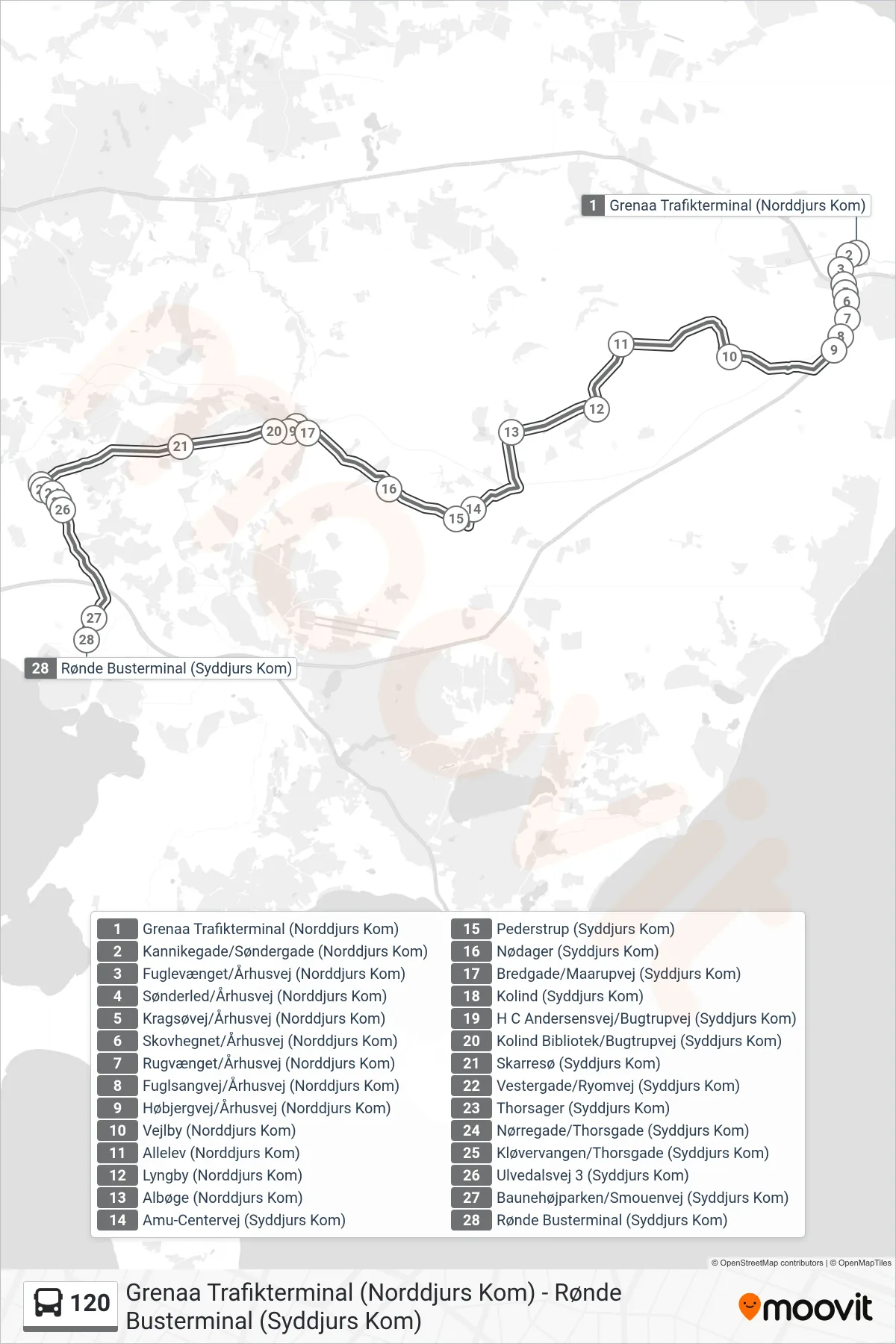 120 bus Linje (Rønde) rute og stop på et kort