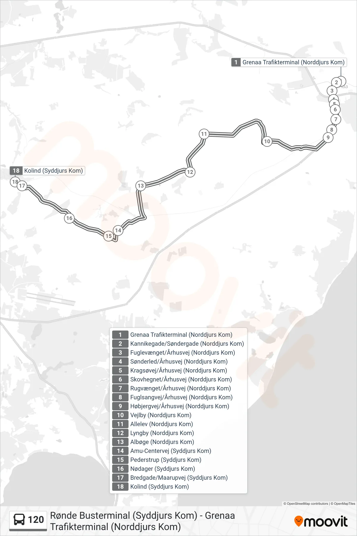120 bus Linje (Kolind) rute og stop på et kort