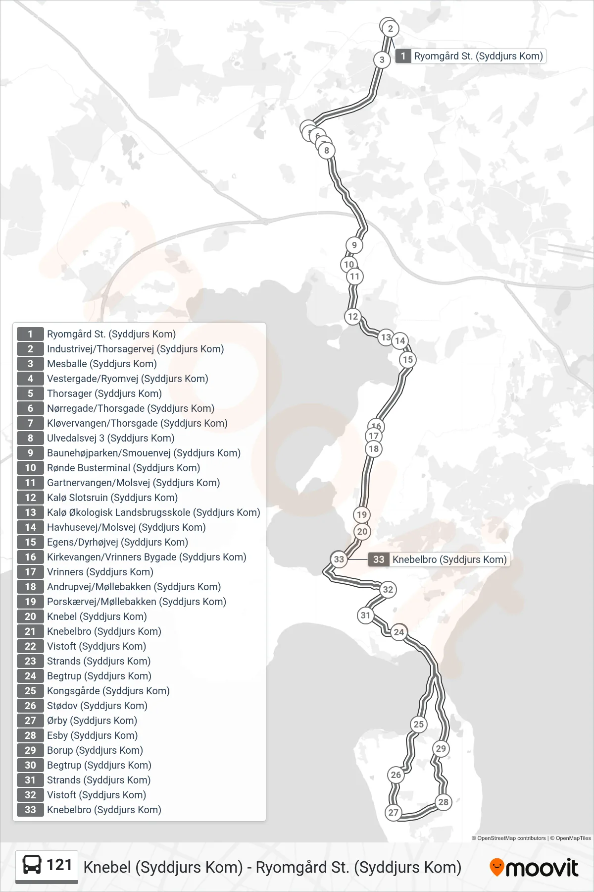 121 bus Linje (Knebel (Syddjurs Kom)) rute og stop på et kort